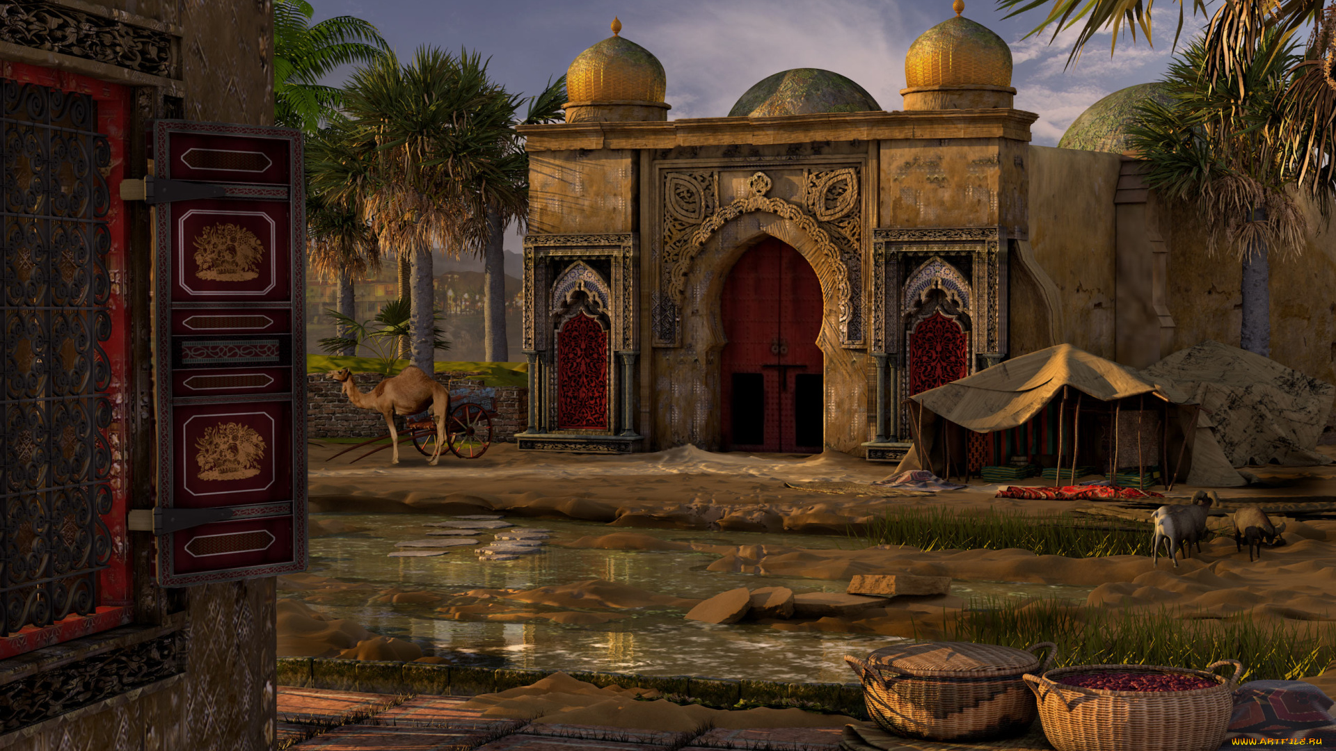 3д, графика, реализм, , realism, дом, река, верблюд, козы