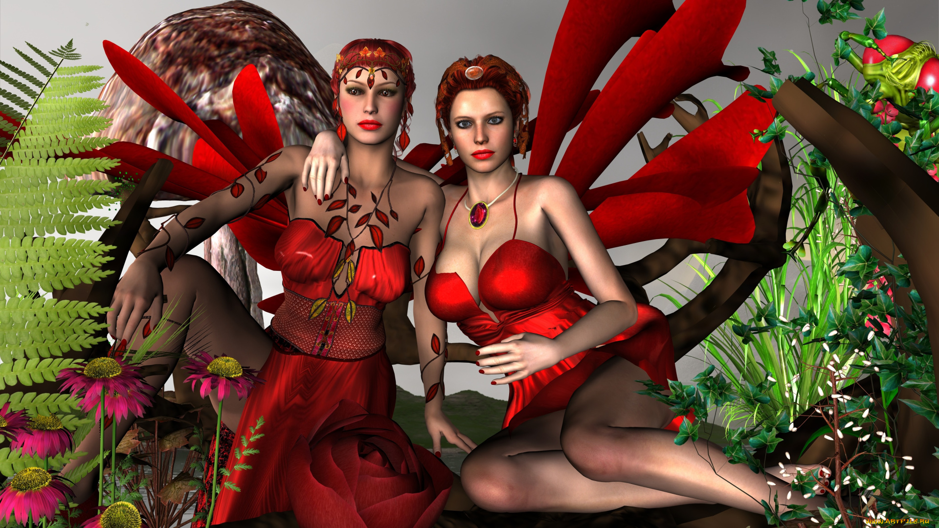 3д, графика, существа, , creatures, цветы, фон, взгляд, феи