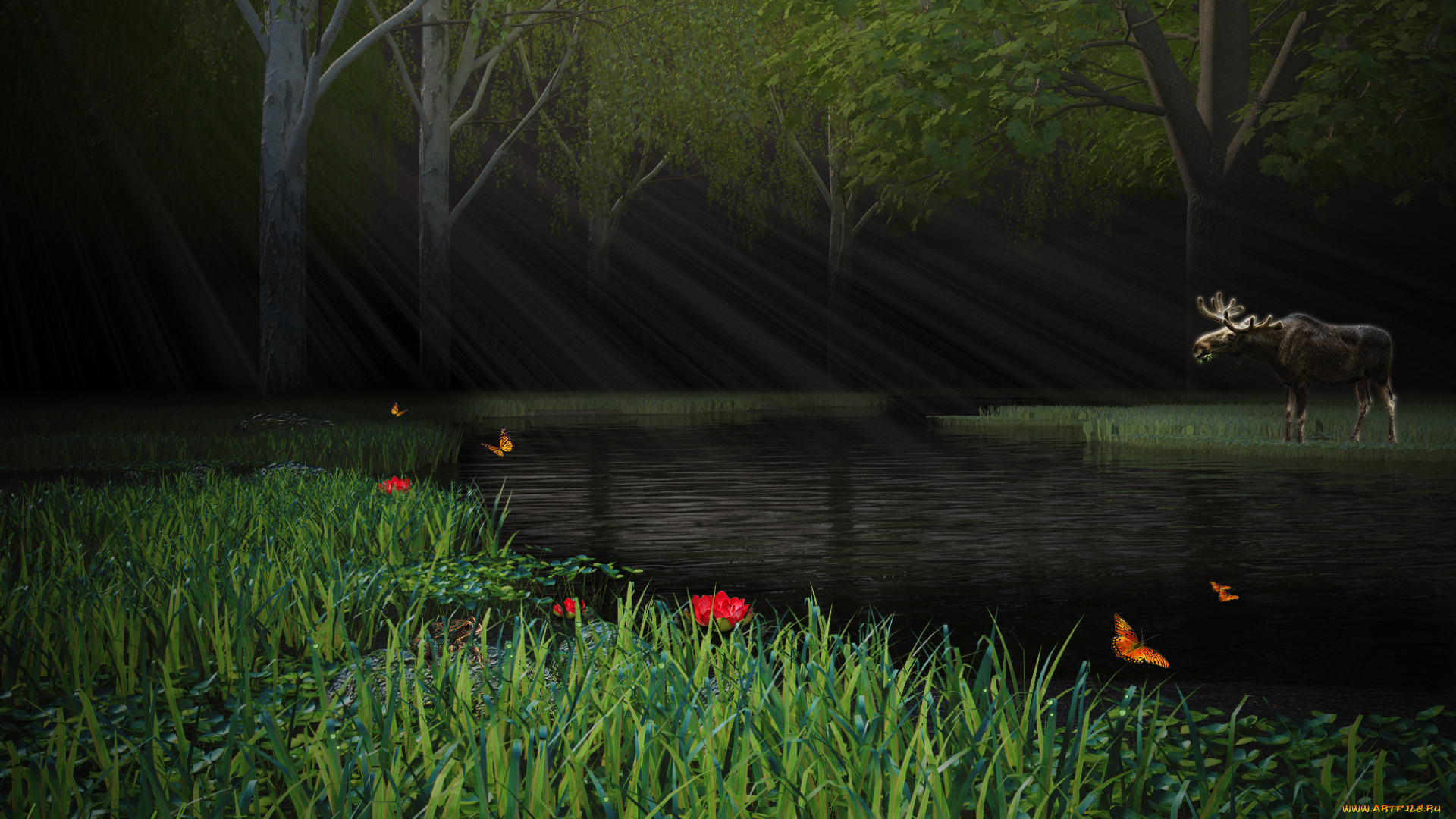 3д, графика, животные, , animals, лучи, бабочки, лось, цветы, лес, река