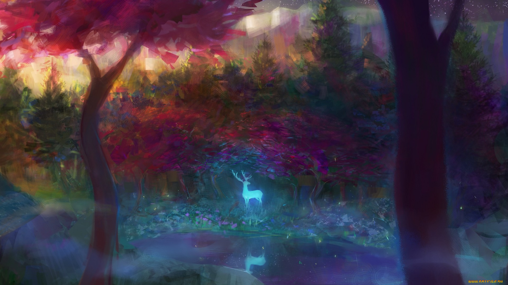 фэнтези, призраки, арт, олень, дух, лес, деревья, свечение, ручей, туман