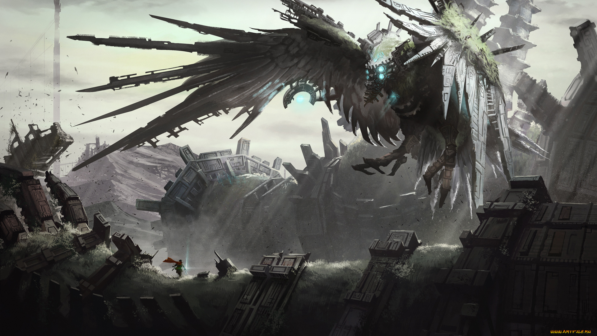 фэнтези, роботы, , киборги, , механизмы, руины, птица, киберпанк, механизм, фантастика, крылья, герой, арт, человек