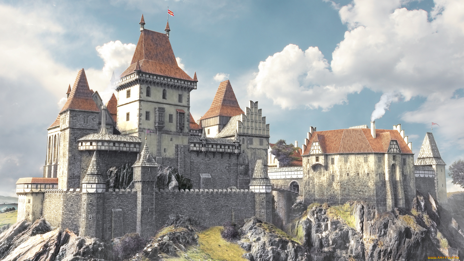 фэнтези, замки, облака, скала, замок