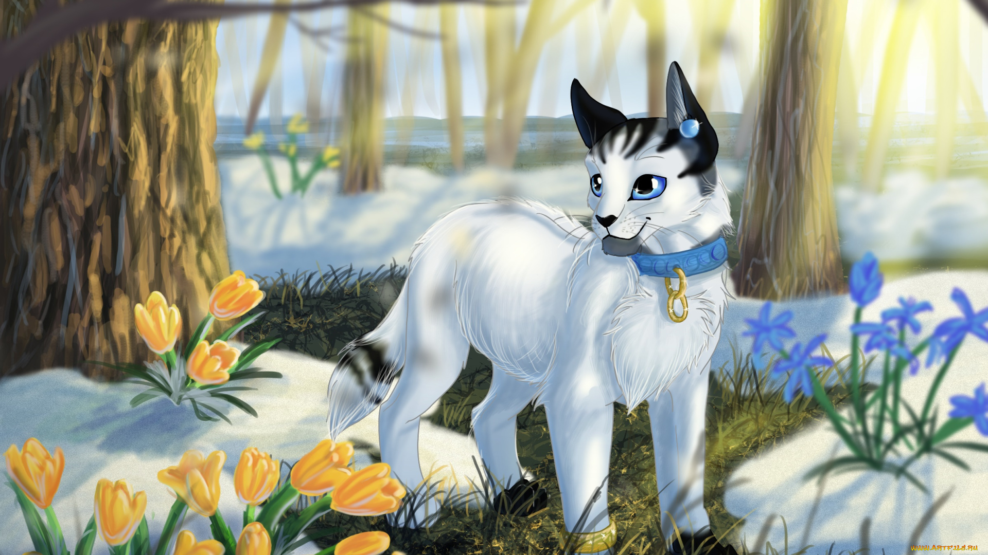 рисованное, животные, , коты, кот, взгляд, фон, лес, снег, цветы