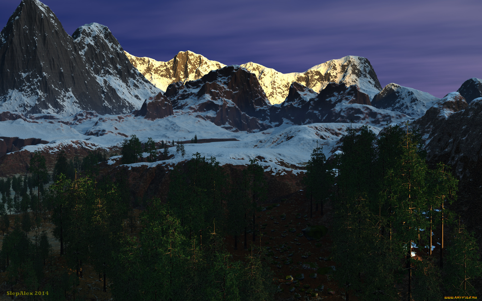 3д, графика, природа, , nature, лес, горы, рассвет