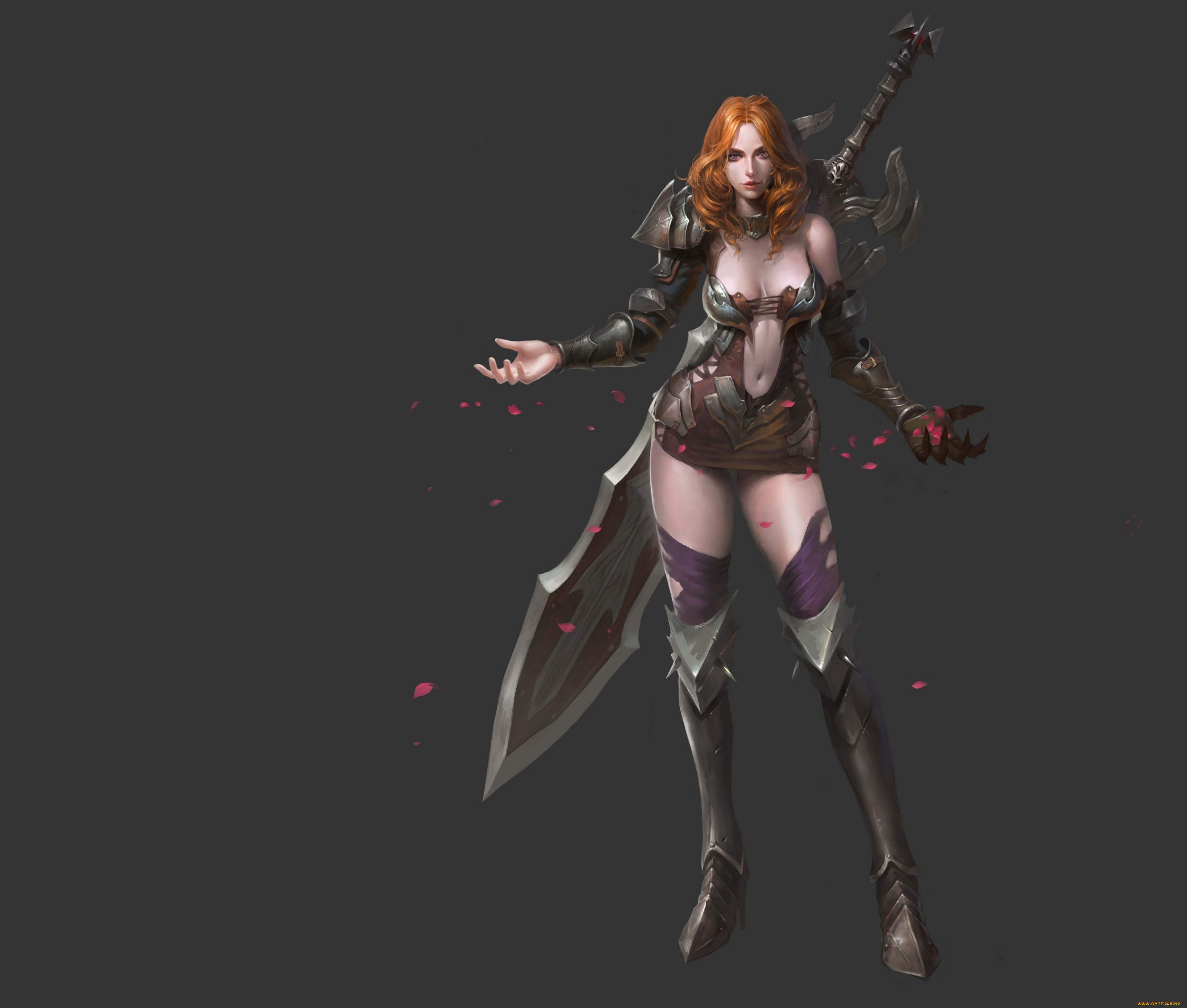 фэнтези, девушки, арт, девушка, меч, лепестки, серый, фон