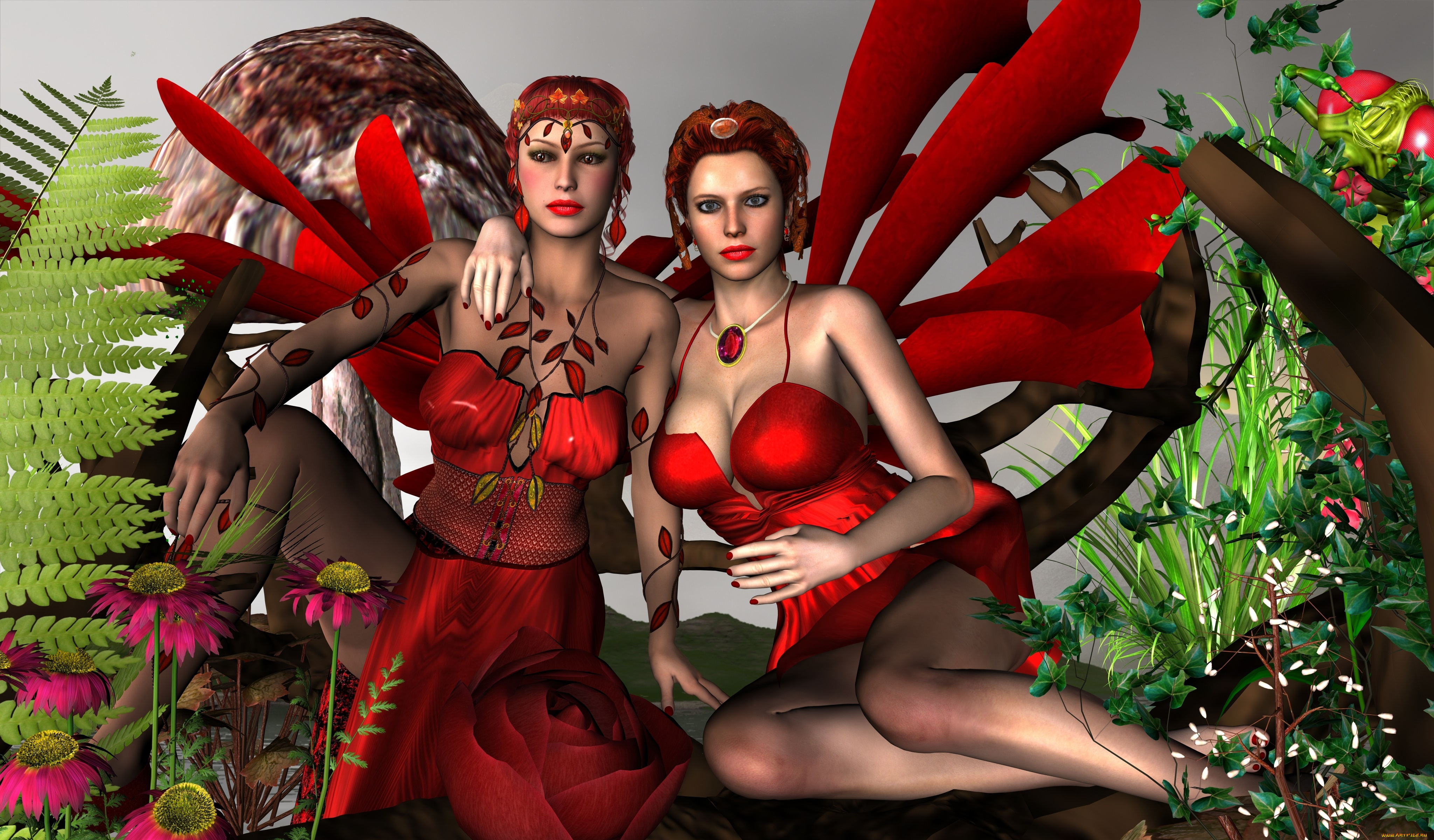 3д, графика, существа, , creatures, цветы, фон, взгляд, феи
