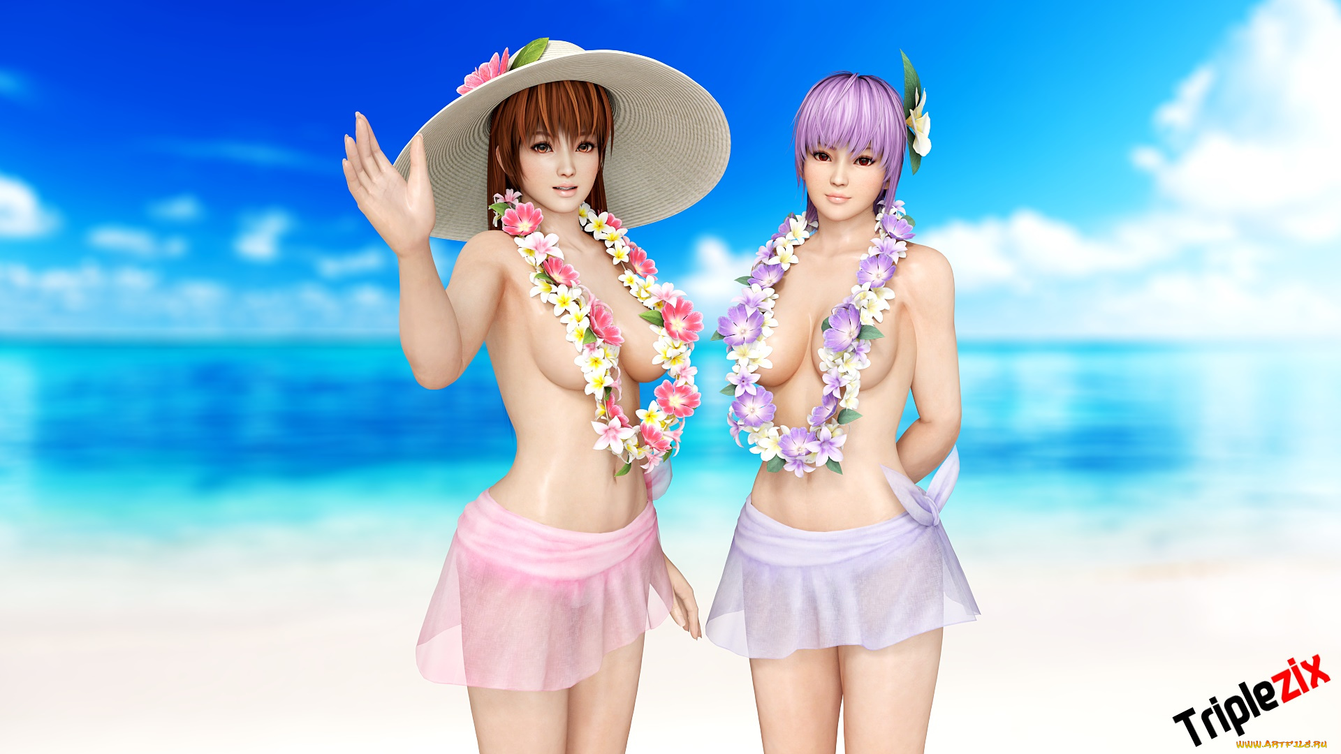 3д, графика, аниме, , anime, пляж, фон, взгляд, море, девушки