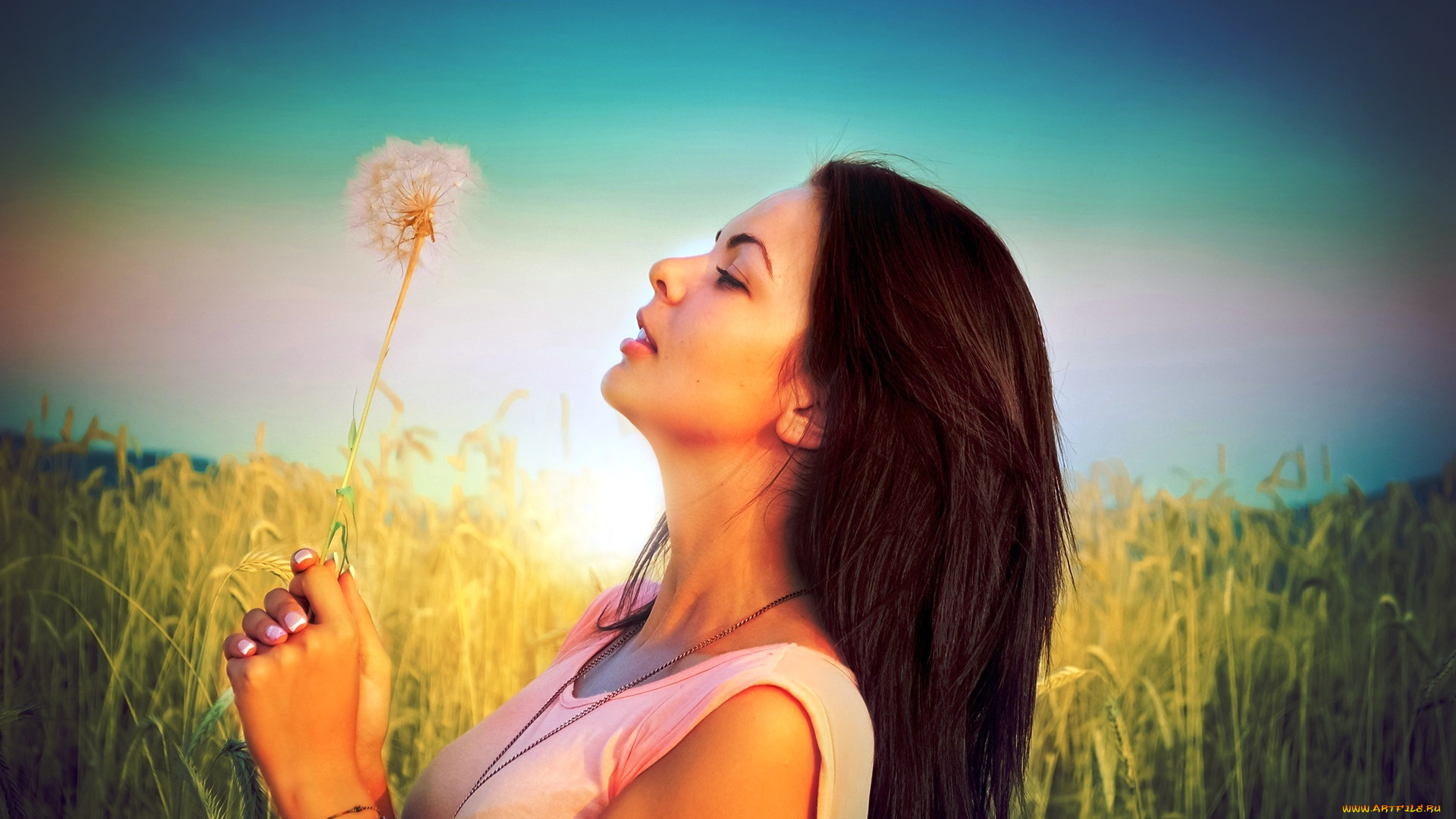 девушки, -unsort, , брюнетки, , шатенки, одуванчик, цепочка, топ, колосья, поле, брюнетка