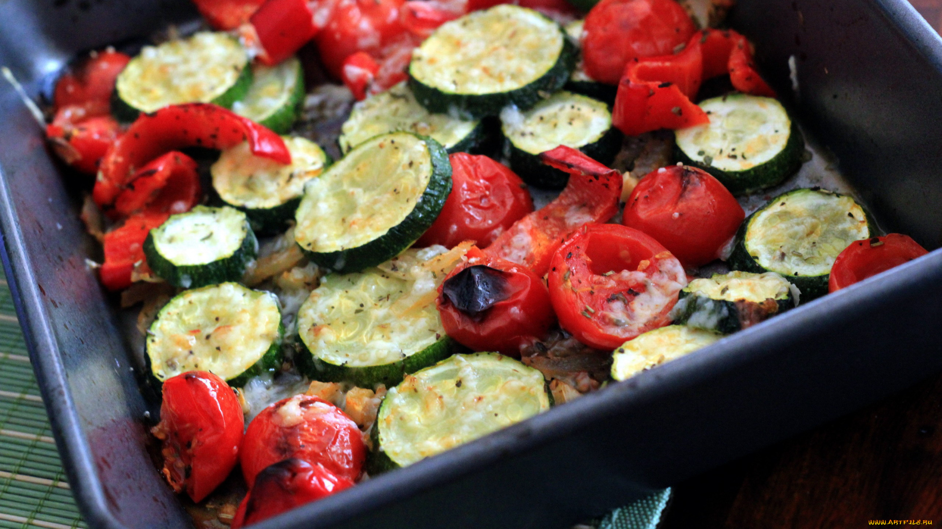 еда, овощи, запеченные, перец, помидоры, цуккини
