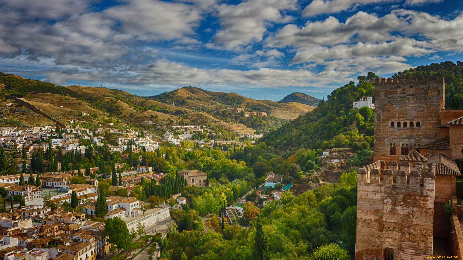 города, -, панорамы, поселок, лес, горы