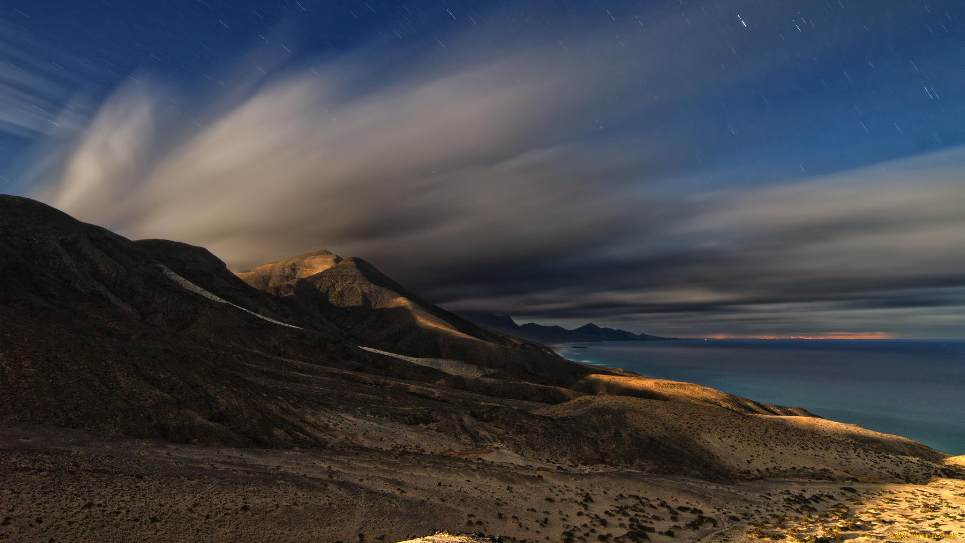 природа, побережье, горы, облака, море, берег, вечер