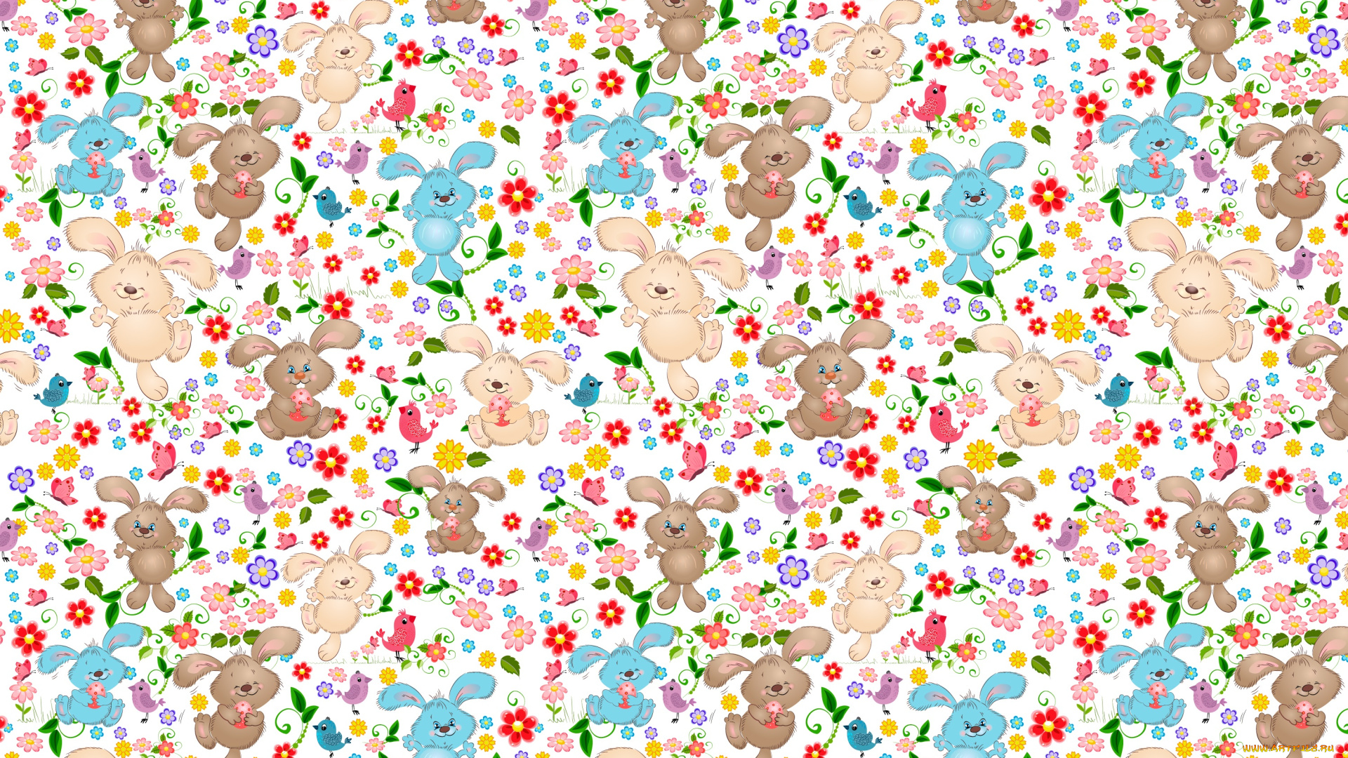 векторная, графика, животные, , animals, птицы, цветы, пасха, яйца, кролики, узор