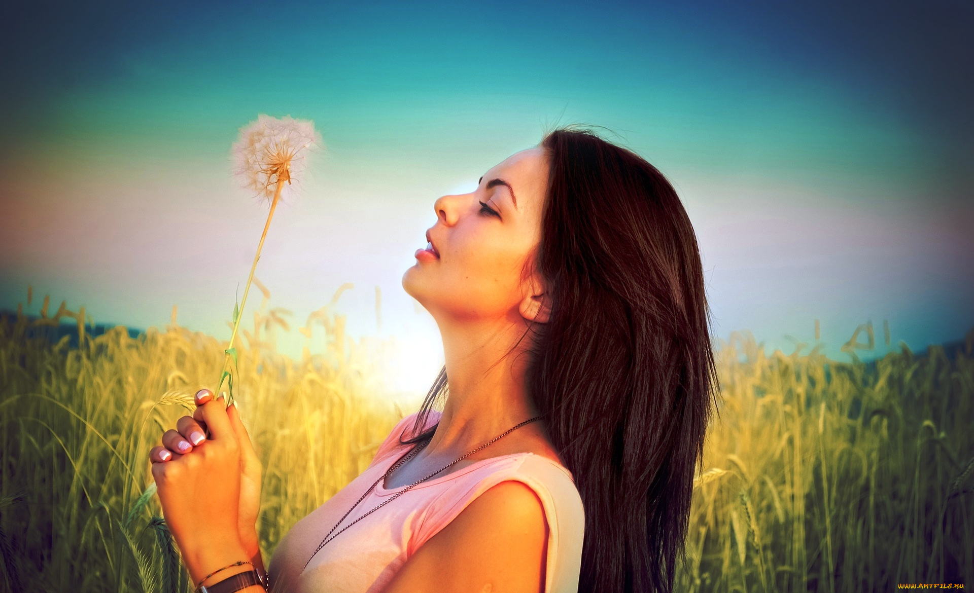 девушки, -unsort, , брюнетки, , шатенки, одуванчик, цепочка, топ, колосья, поле, брюнетка