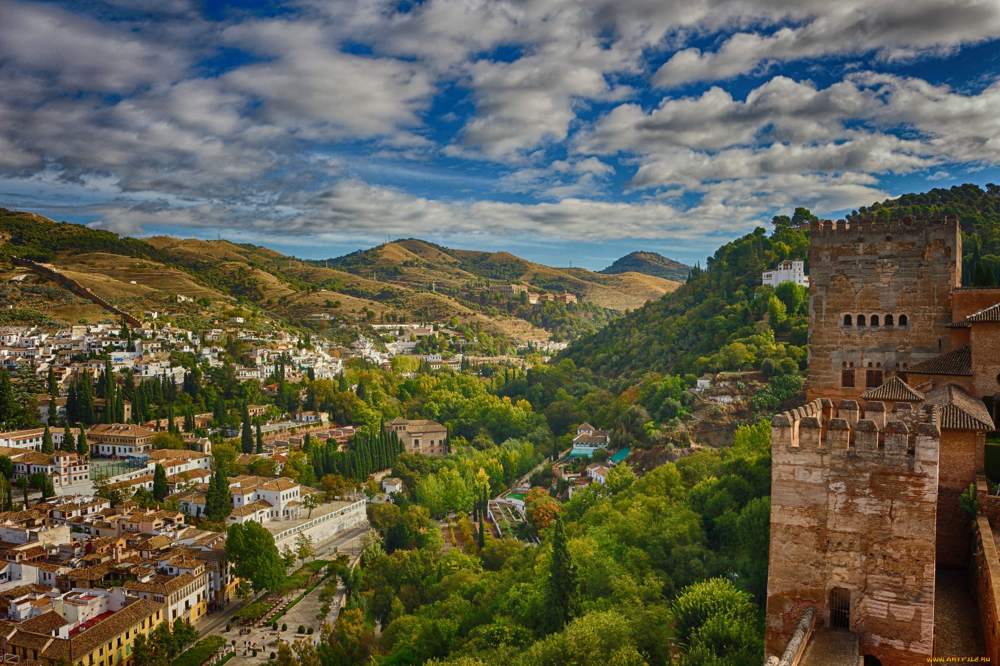 города, -, панорамы, поселок, лес, горы