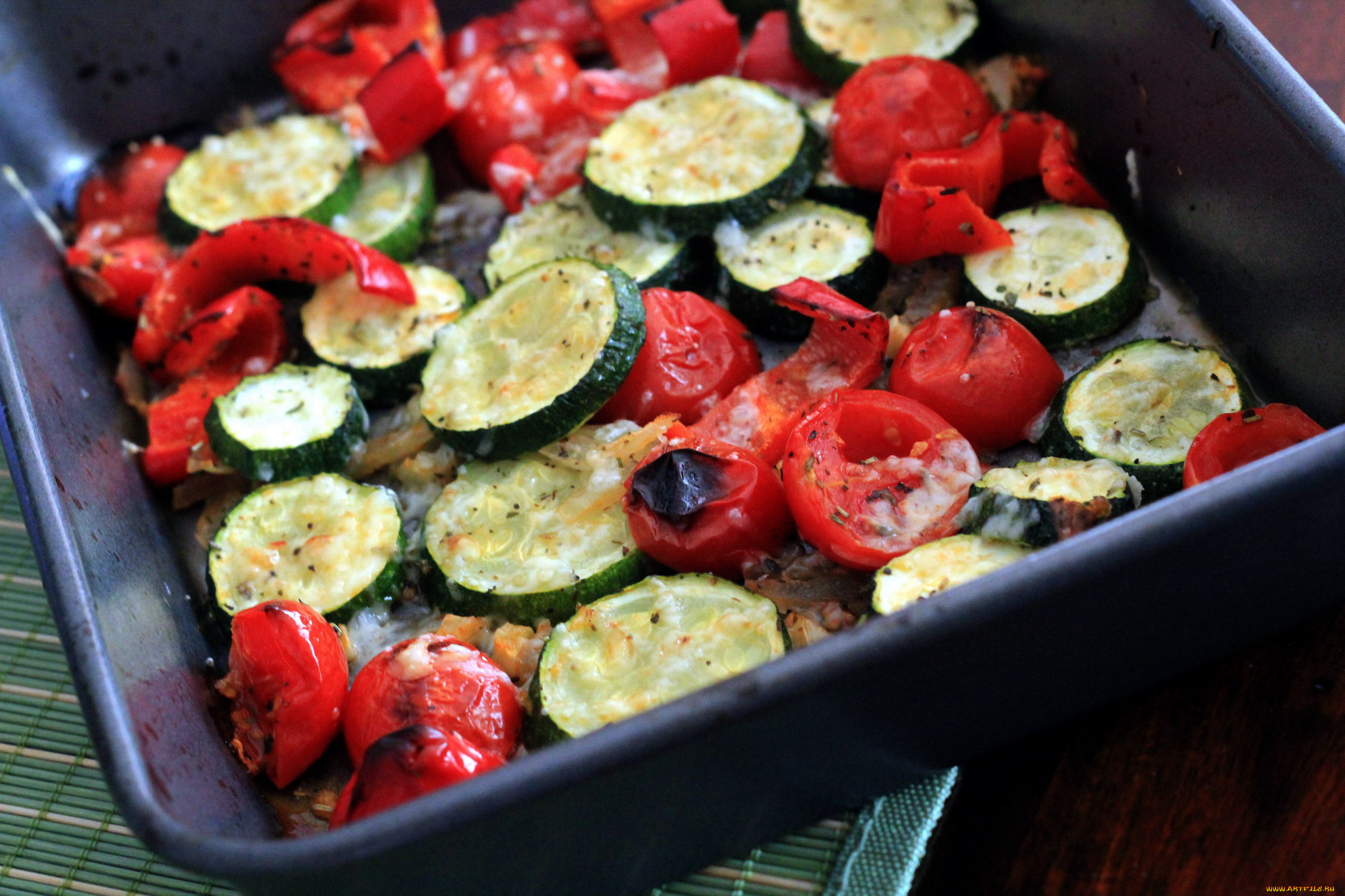 еда, овощи, запеченные, перец, помидоры, цуккини