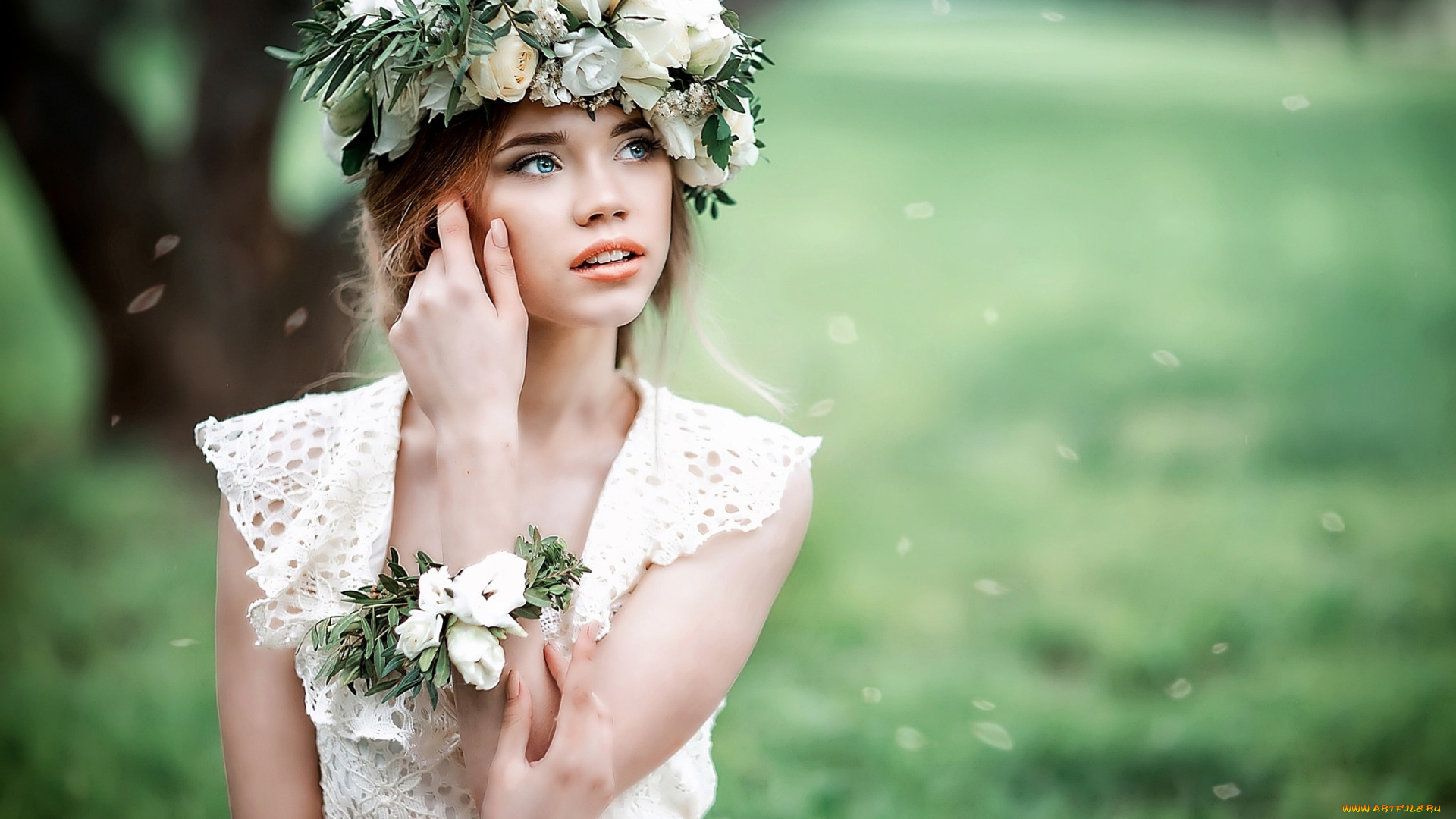 девушки, -unsort, , брюнетки, , шатенки, лепестки, девушка, лето, русая, венок, цветы, природа, розы