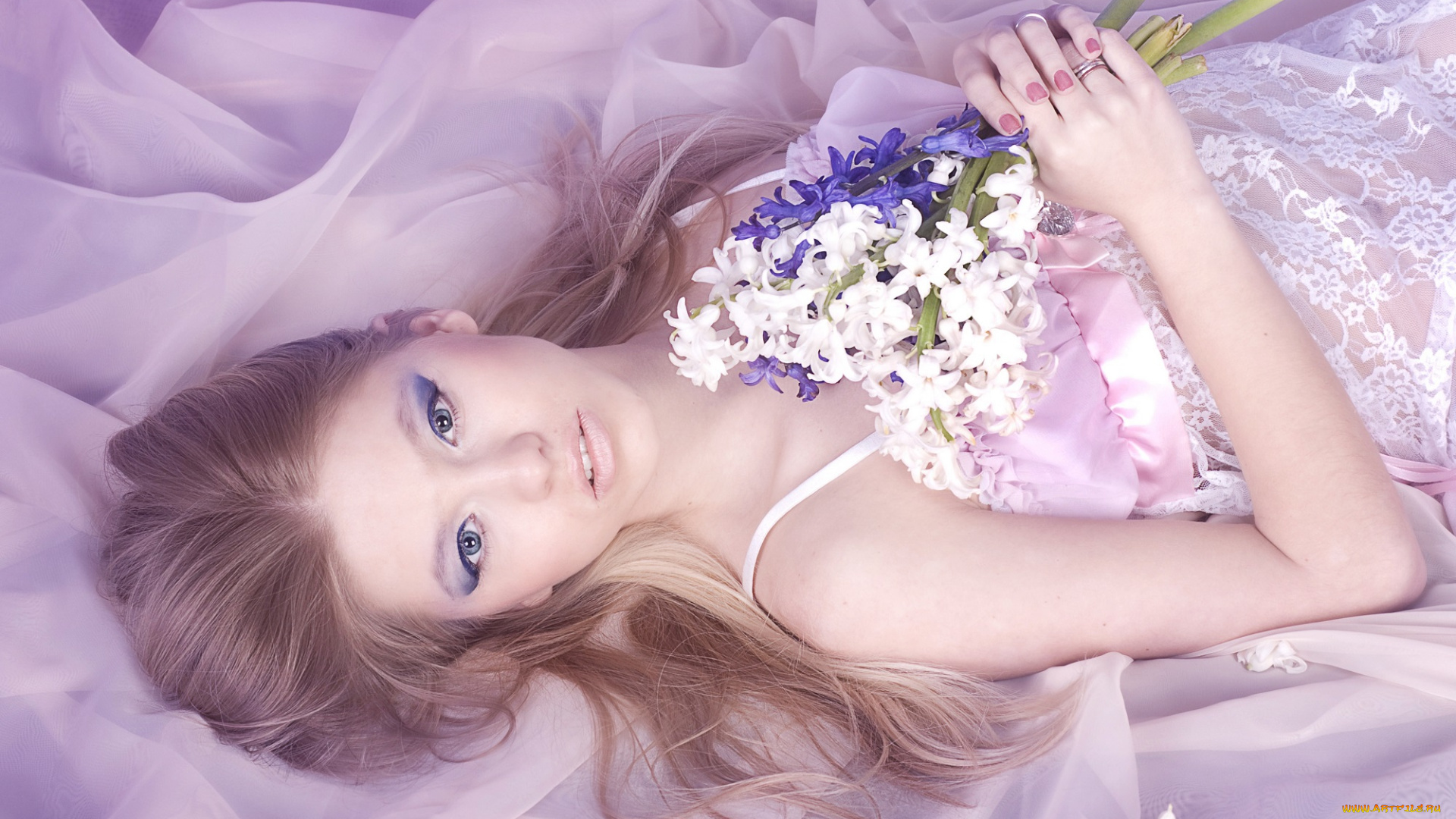 девушки, -unsort, , брюнетки, , шатенки, вуаль, ткань, цветы, гиацинты, девушка, русая, макияж