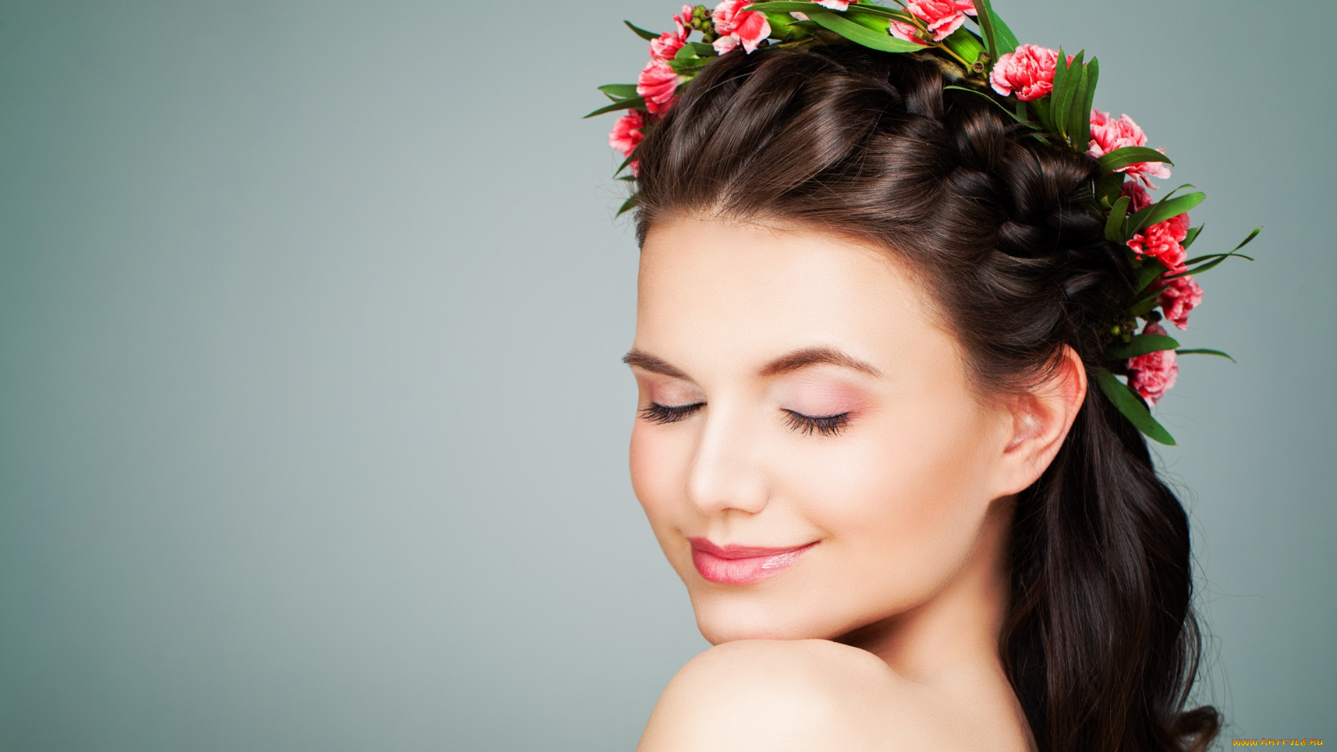девушки, -unsort, , лица, , портреты, гвоздики, плечи, девушка, венок, брюнетка, причёска