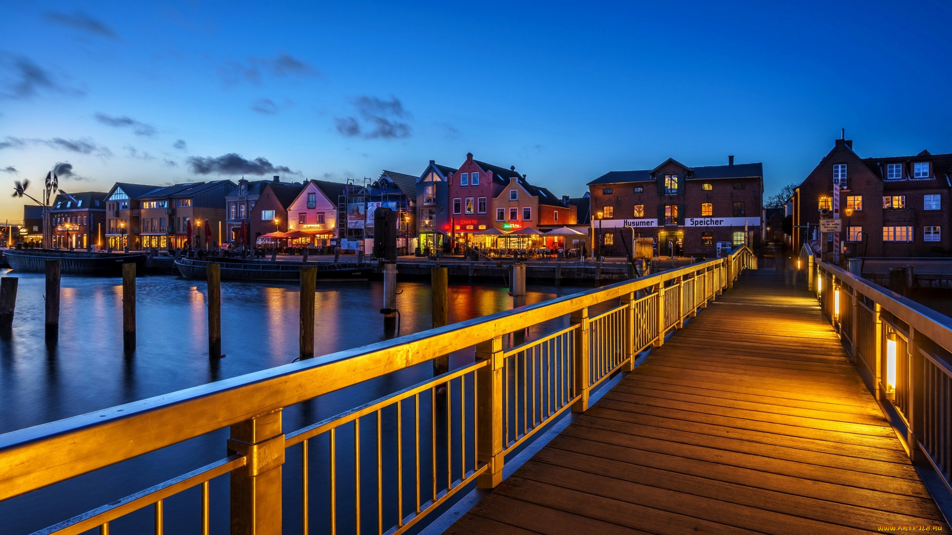 германия, города, -, мосты, водоем, дома, огни