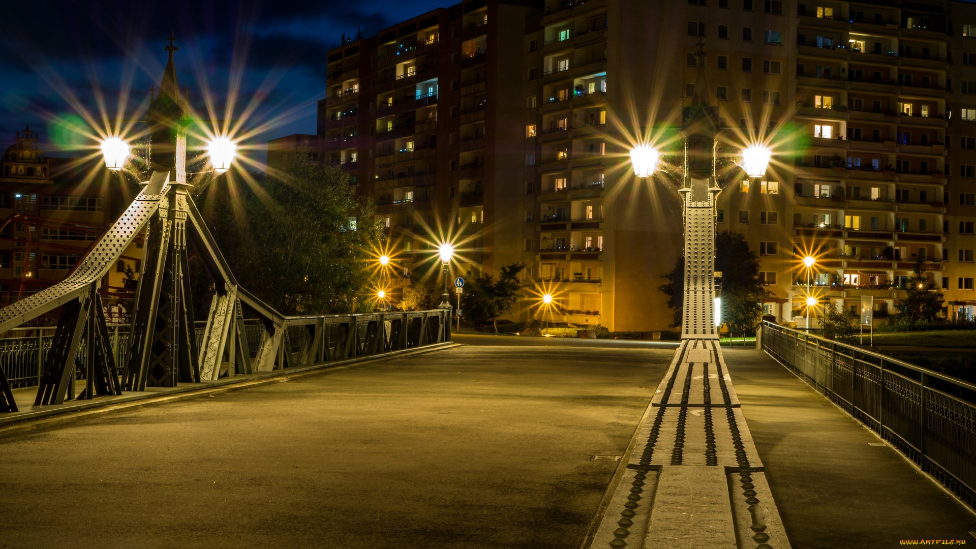 германия, города, -, огни, ночного, города, фонари, мост, дома