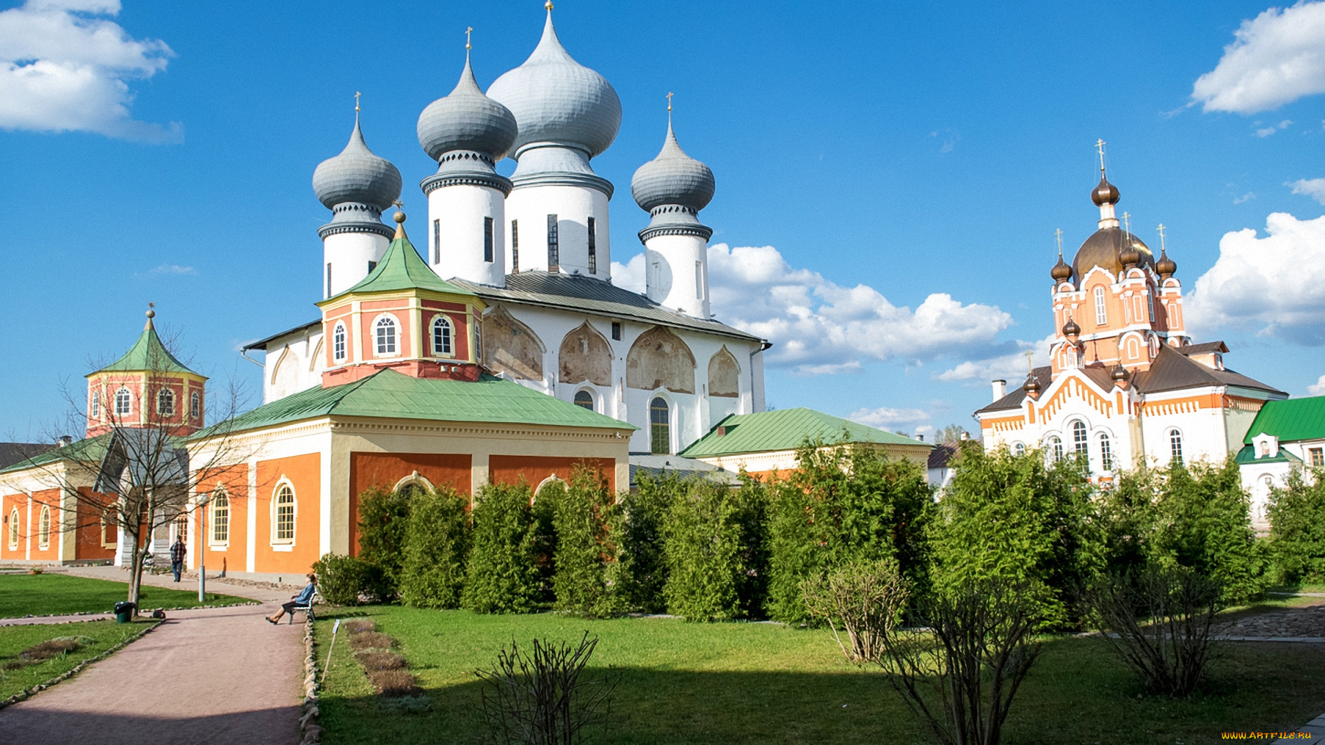 города, -, православные, церкви, , монастыри, кустарники, облака, аллея, трава, дорожка