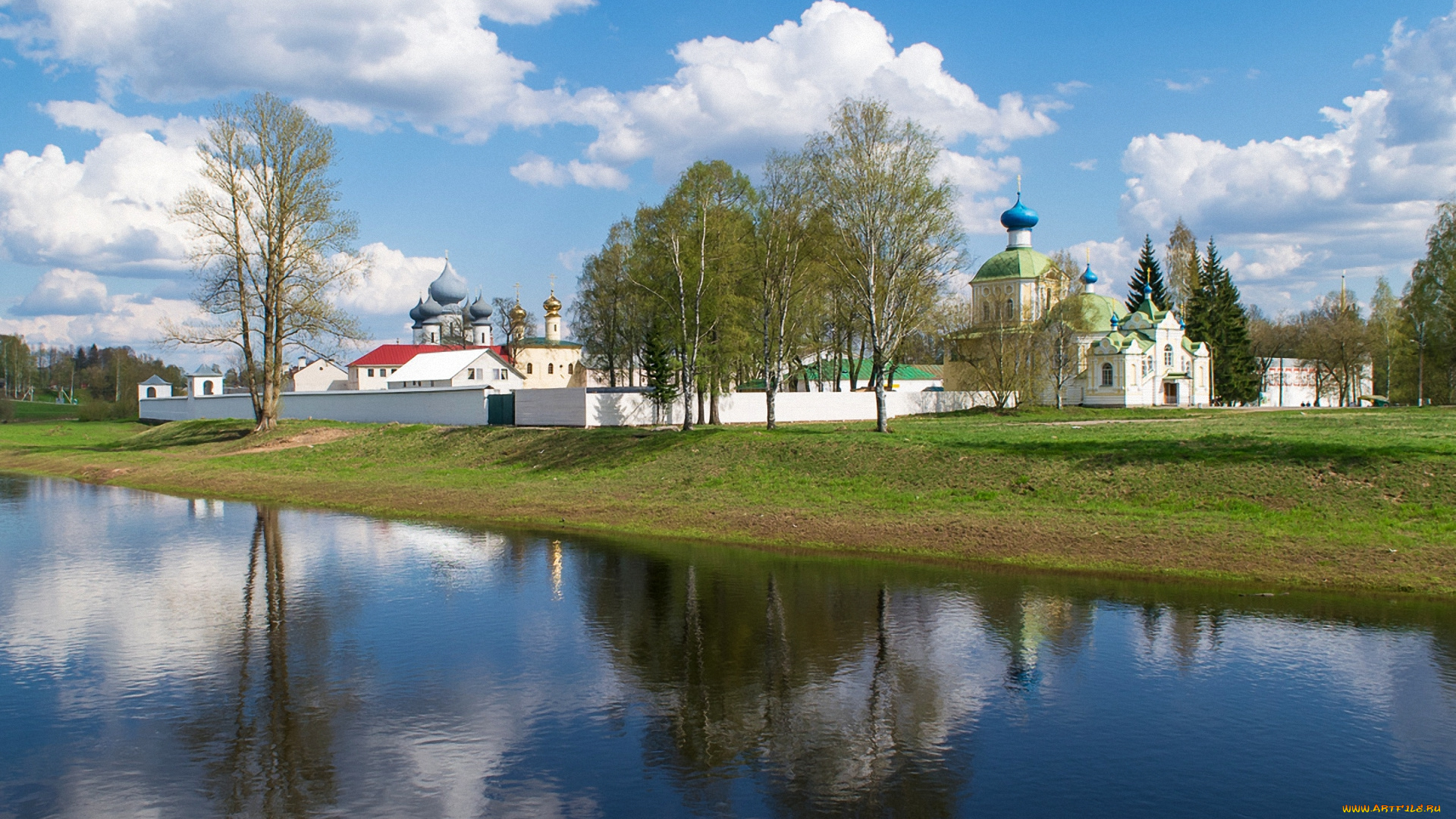 города, -, православные, церкви, , монастыри, трава, река, облака, деревья