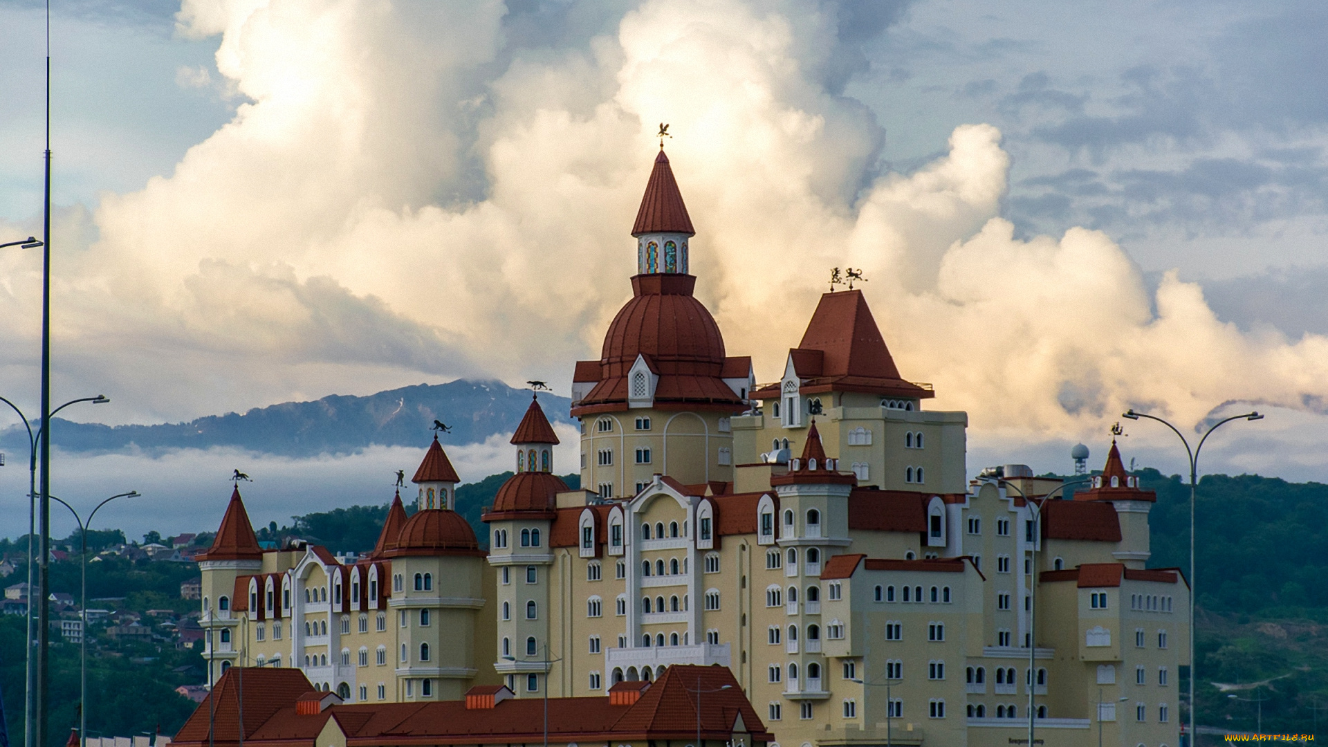 города, -, здания, , дома, фонари, горы, облака