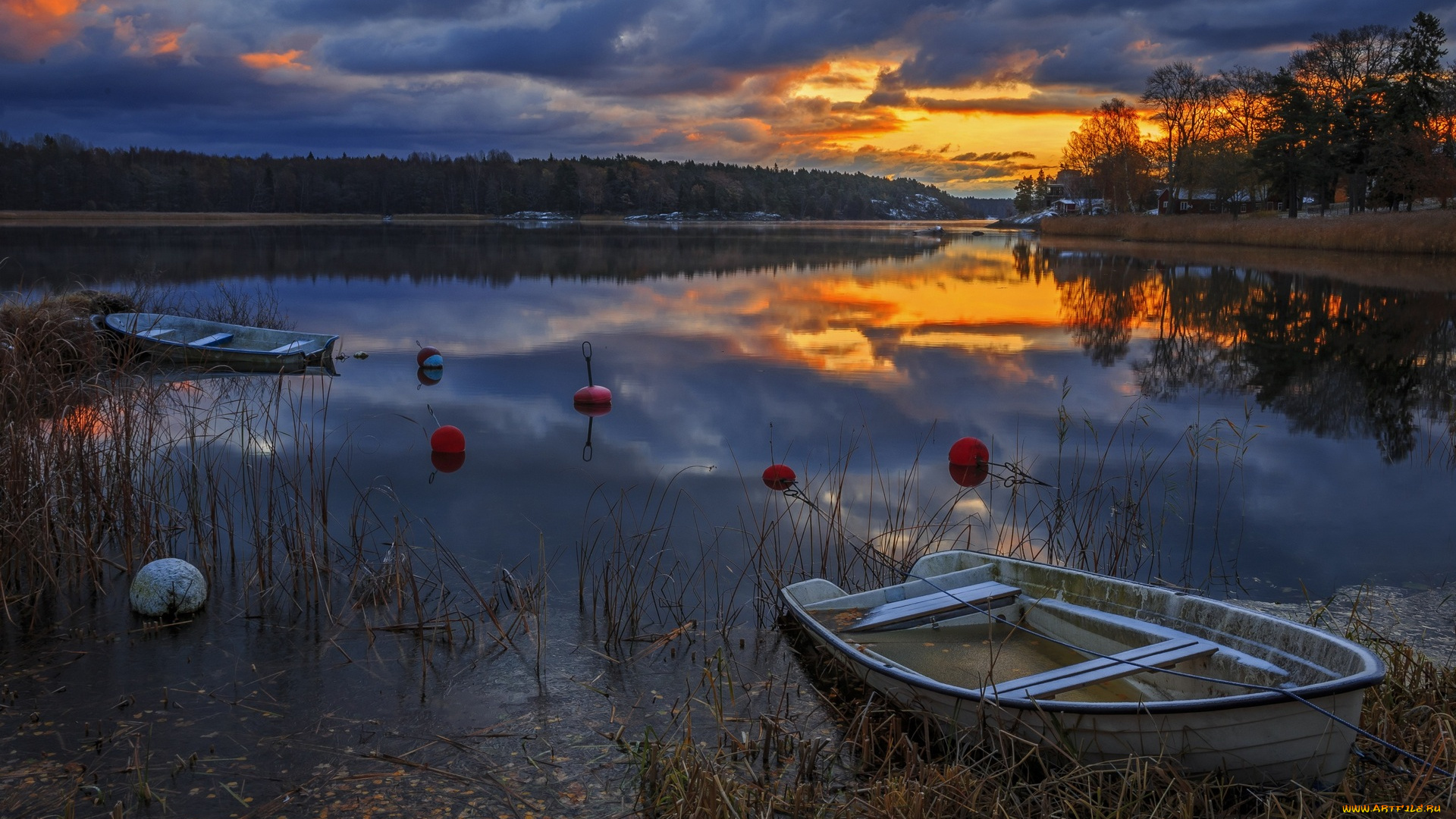 корабли, лодки, , шлюпки, облака, закат, водоем, деревья