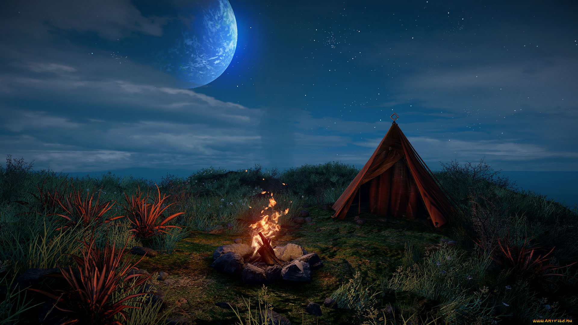 природа, огонь, палатка, костер, луна, ночь