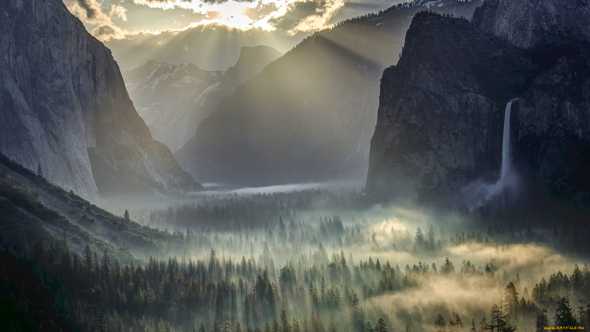 природа, водопады, горы, туман, лея, облака, лучи