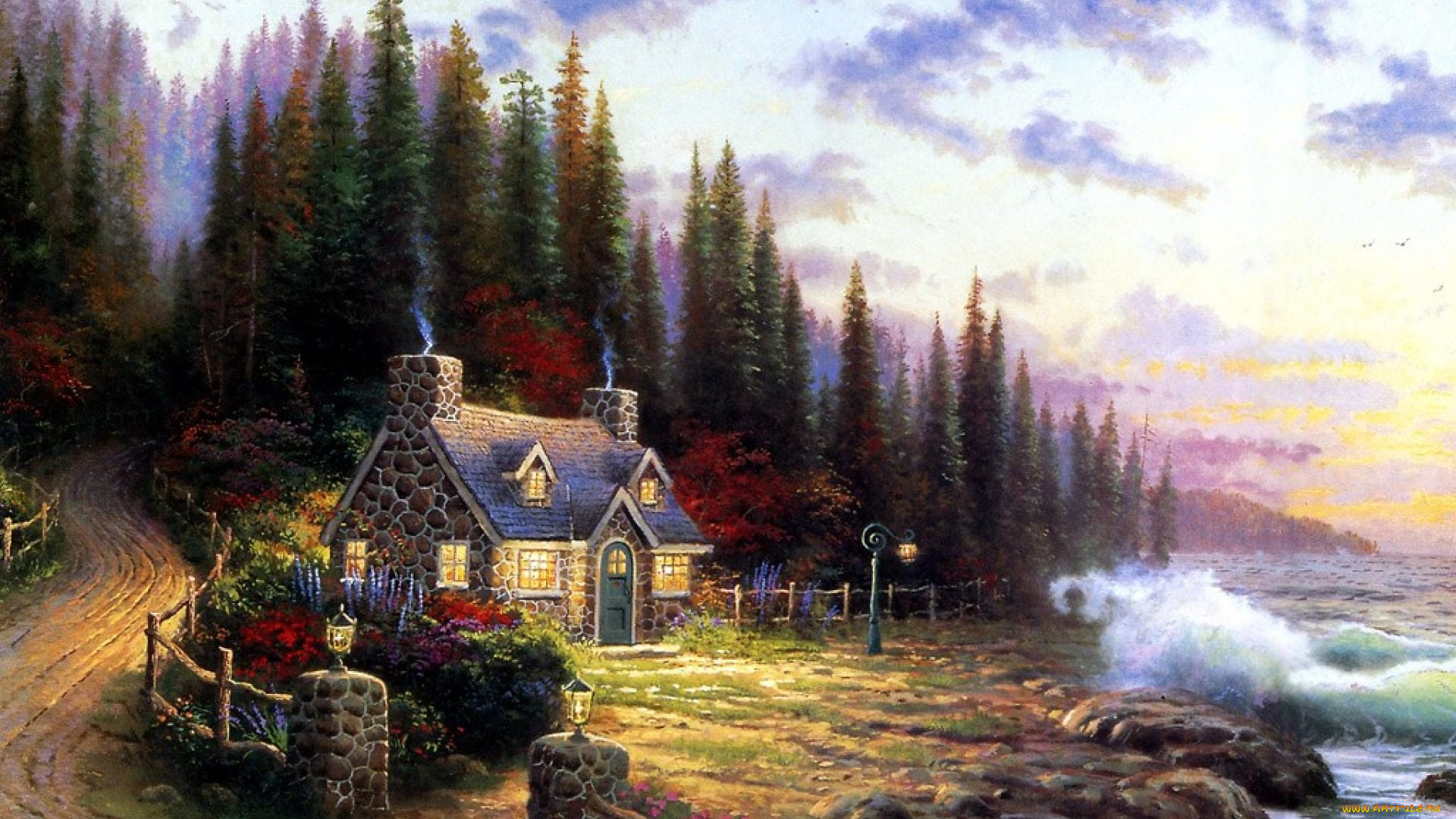 рисованное, thomas, kinkade, дом, море, берег, двор, деревья, фонарь, тучи, небо, лес