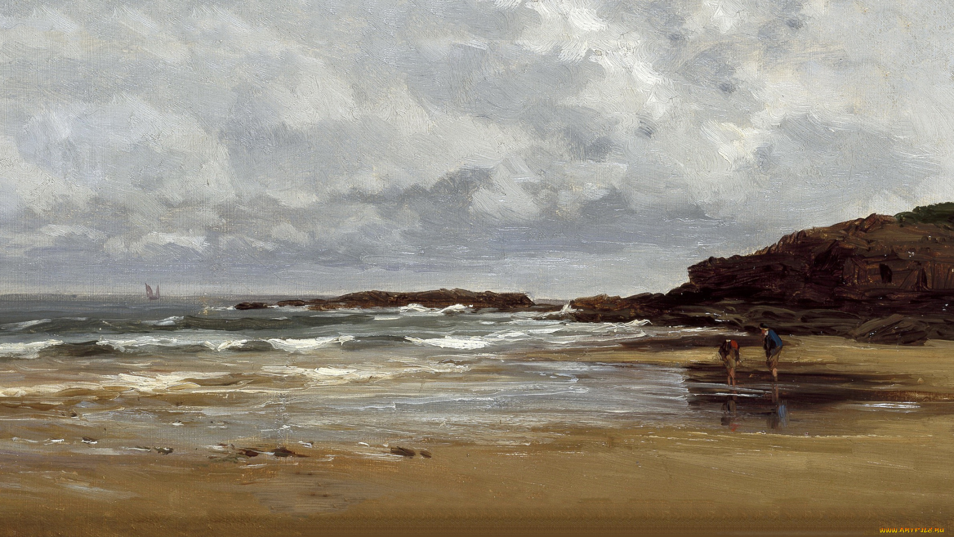 рисованное, живопись, пляж, в, карраспио, карлос, де, хаэс, скалы, картина, люди, берег, морской, пейзаж