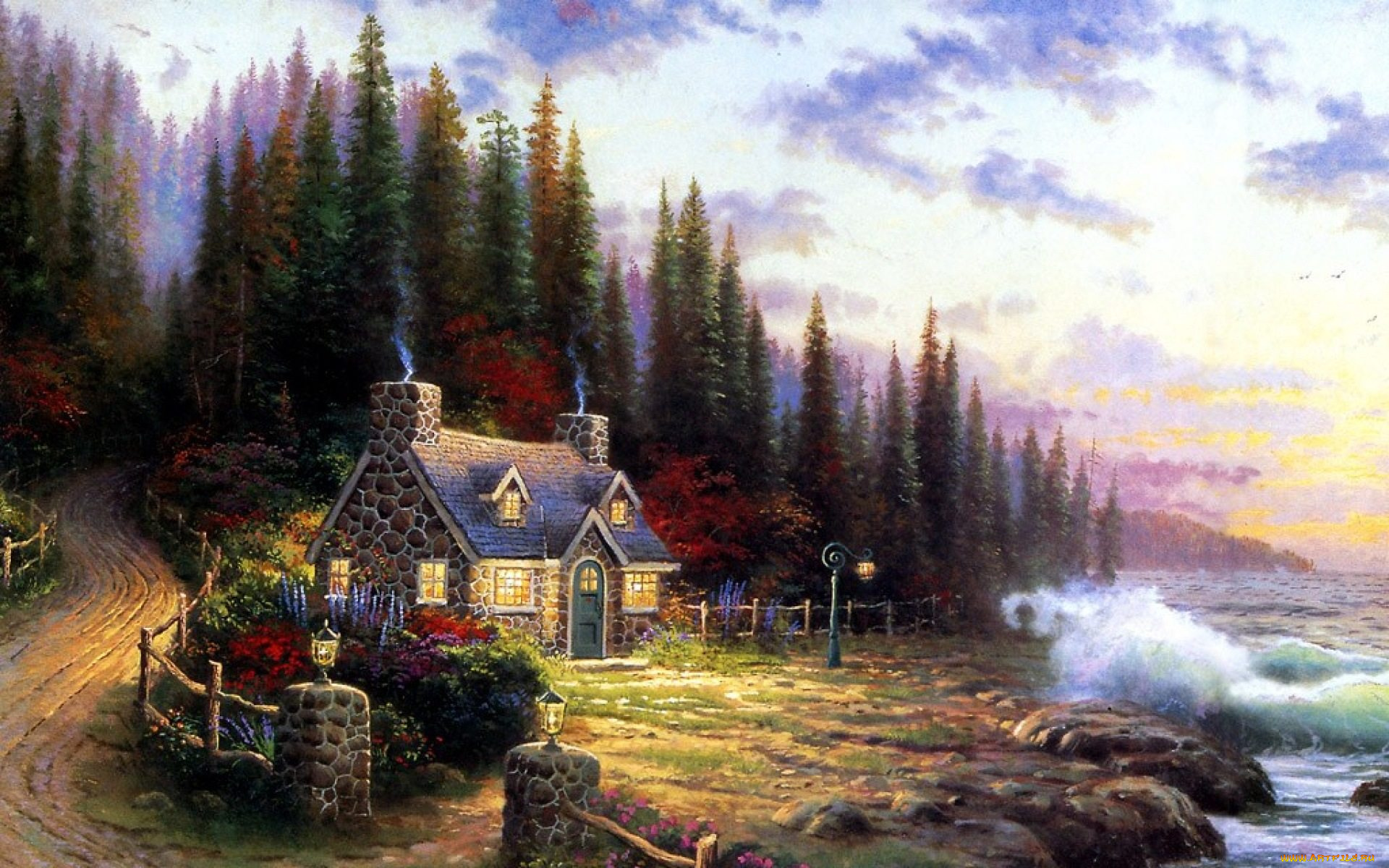 рисованное, thomas, kinkade, дом, море, берег, двор, деревья, фонарь, тучи, небо, лес