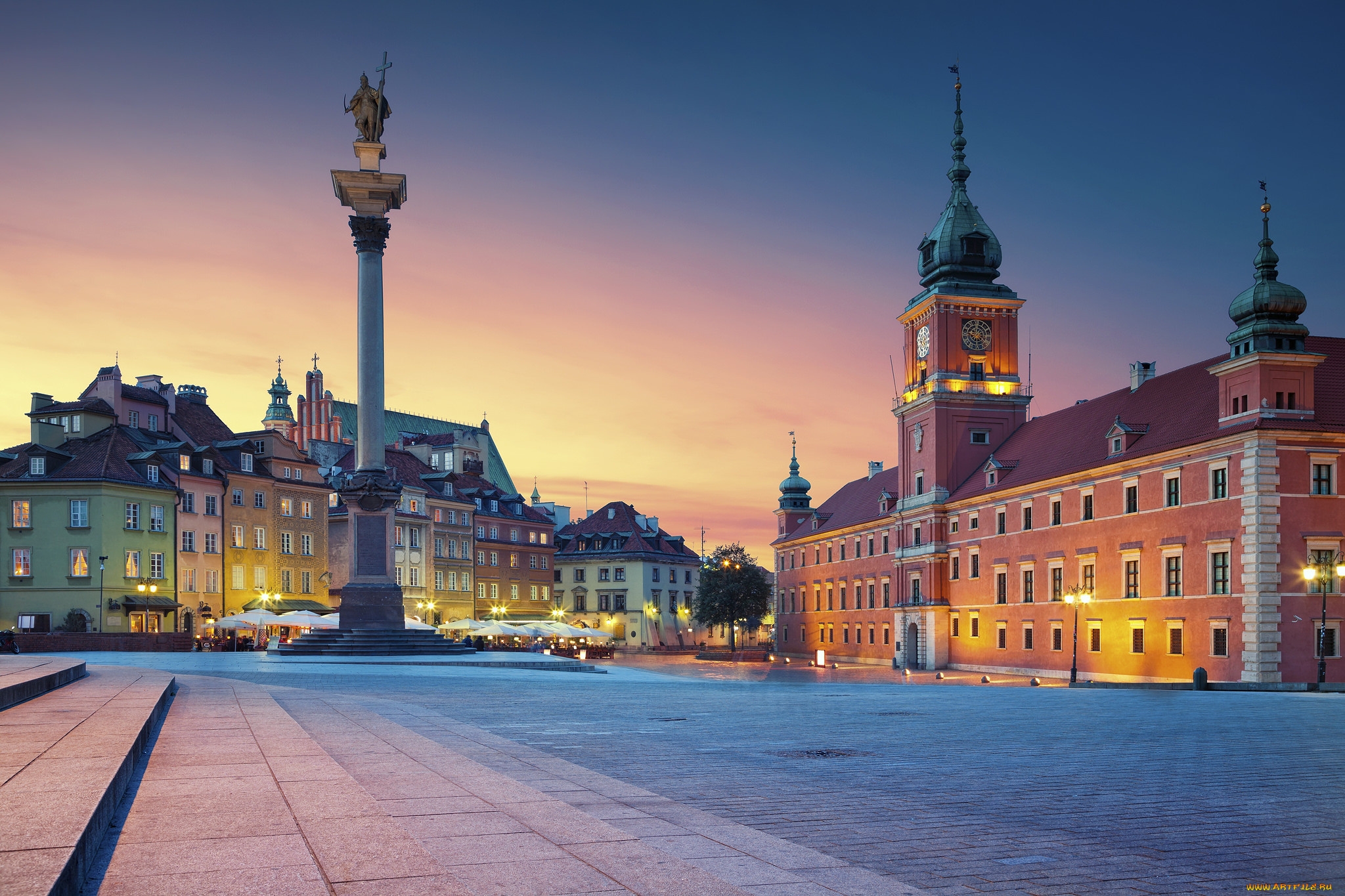 города, варшава, , польша, площадь, варшава, колонна, королевский, дворец