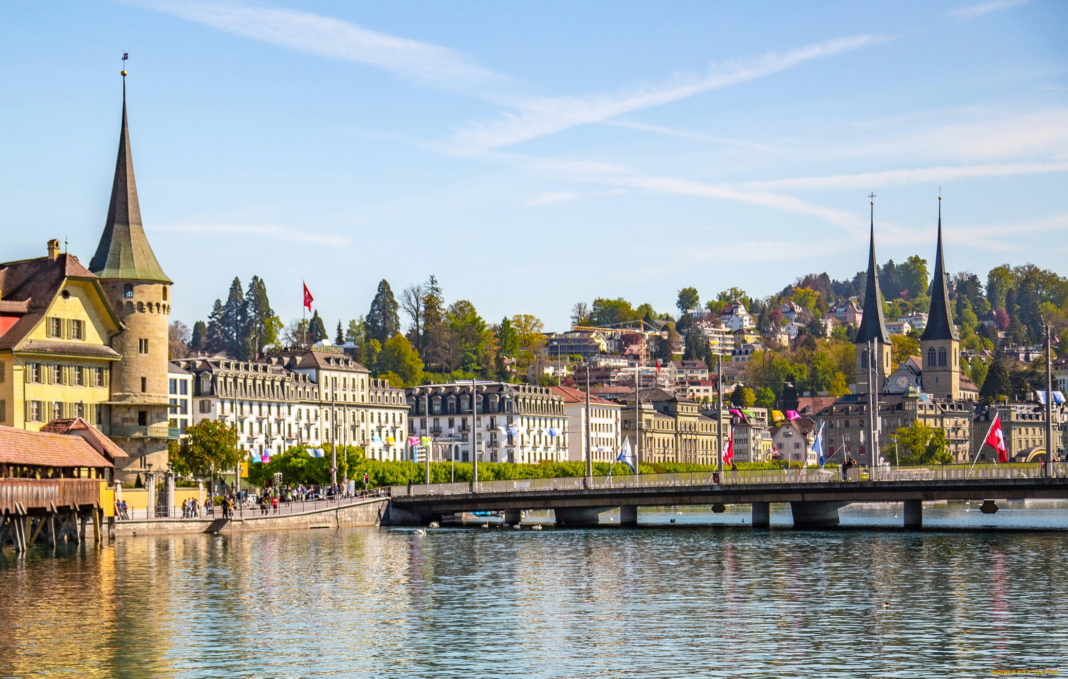 города, -, панорамы, водоем, башни, мост, флаги