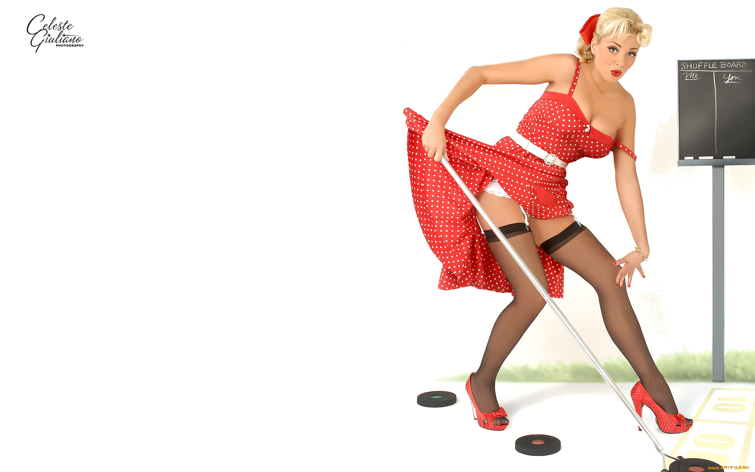 девушки, -unsort, , блондинки, игра, пинап, чулки, бант, платье, блондинка