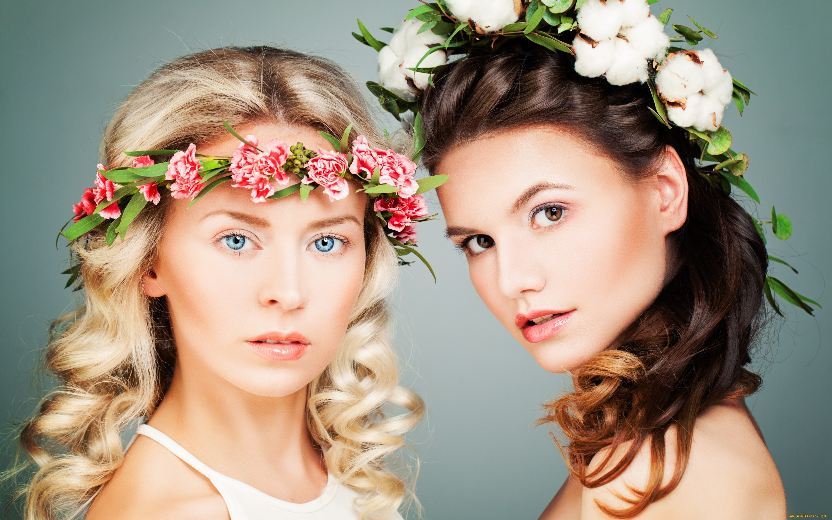 девушки, -unsort, , лица, , портреты, гвоздики, венки, брюнетка, локоны, блондинка, хлопок, цветы
