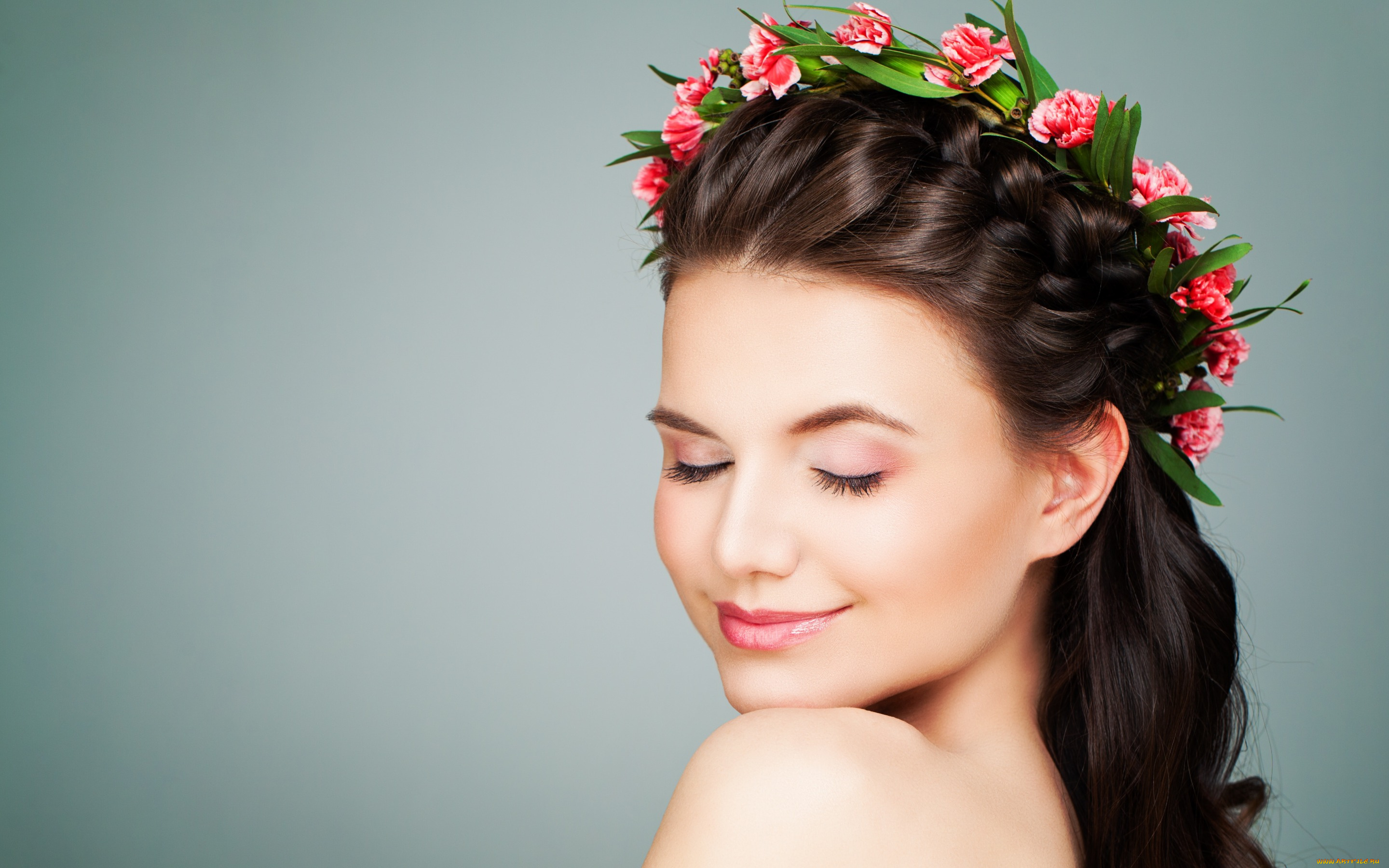 девушки, -unsort, , лица, , портреты, гвоздики, плечи, девушка, венок, брюнетка, причёска