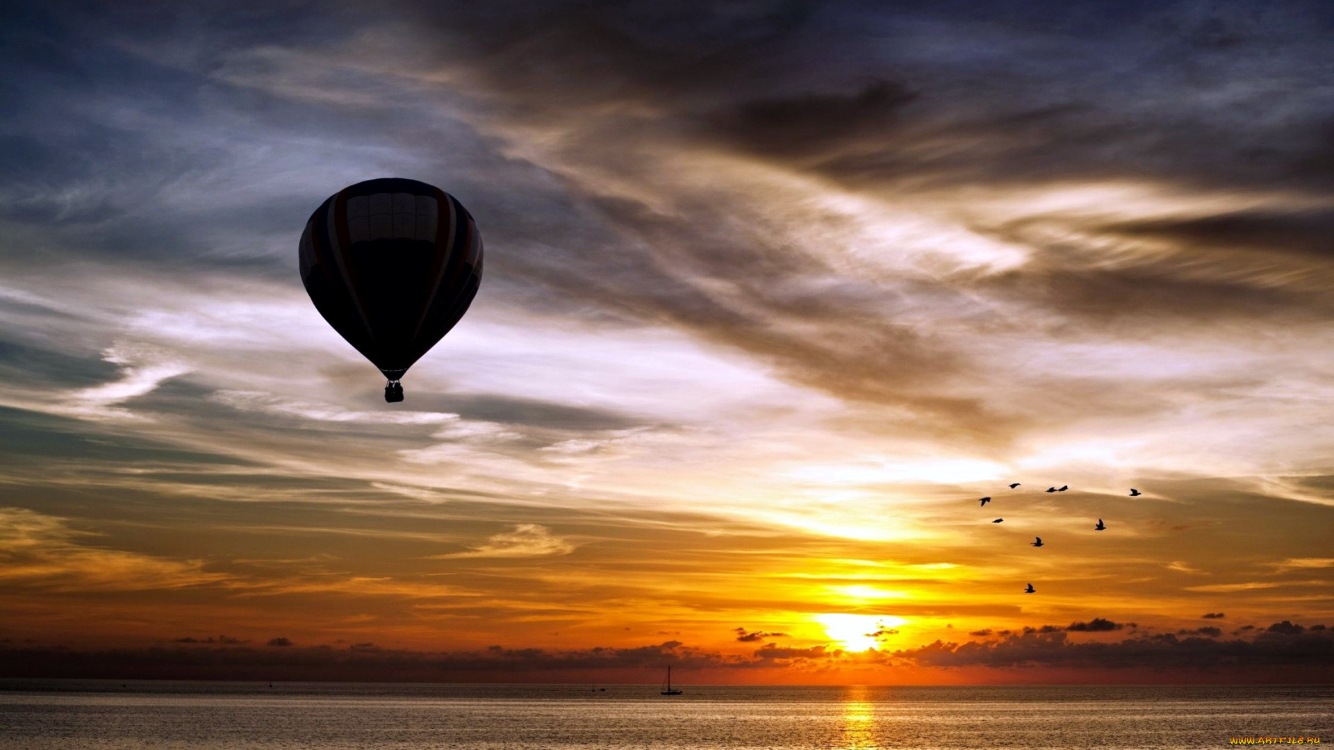 авиация, воздушные, шары, птицы, море, закат, шар, воздушный