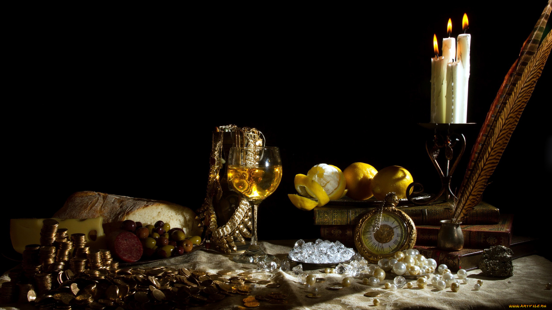 еда, натюрморт, вино, монеты, украшения, оливки, лимоны, колбаса