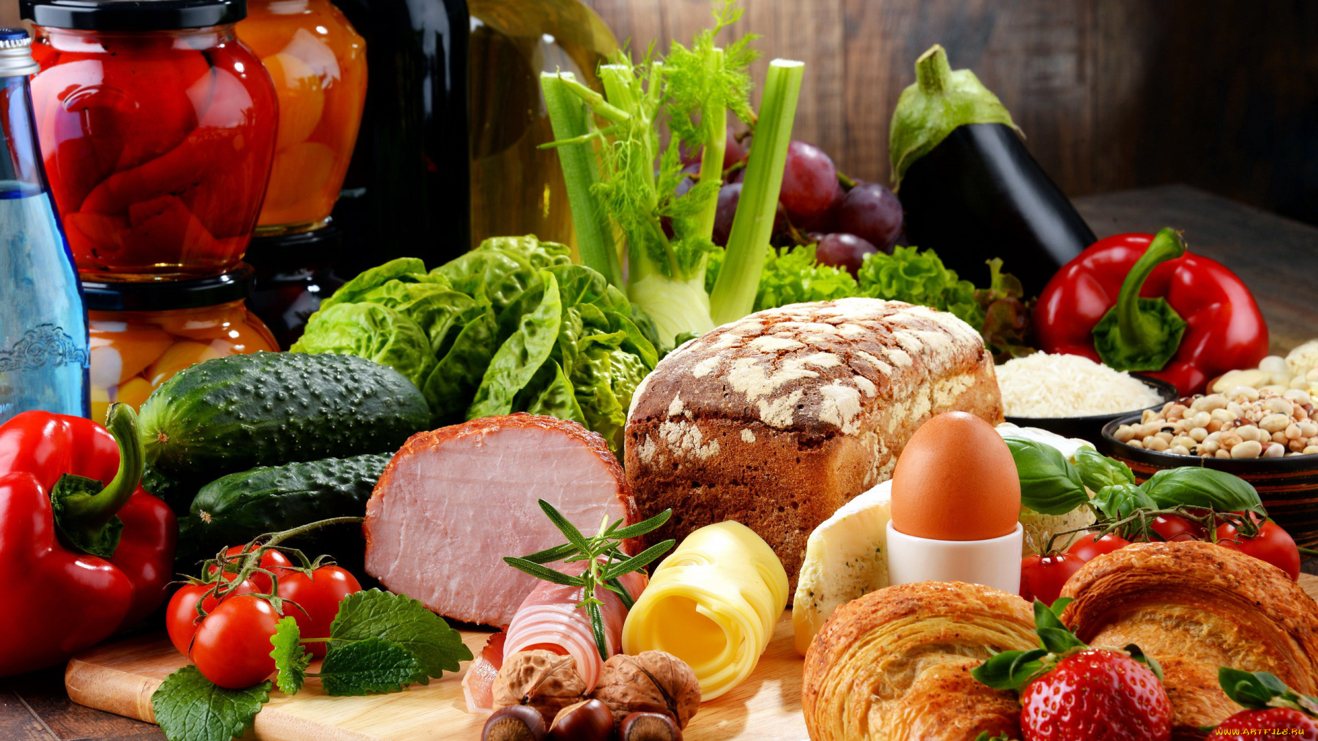 еда, разное, сыр, помидоры, фенхель, перец, клубника, ветчина