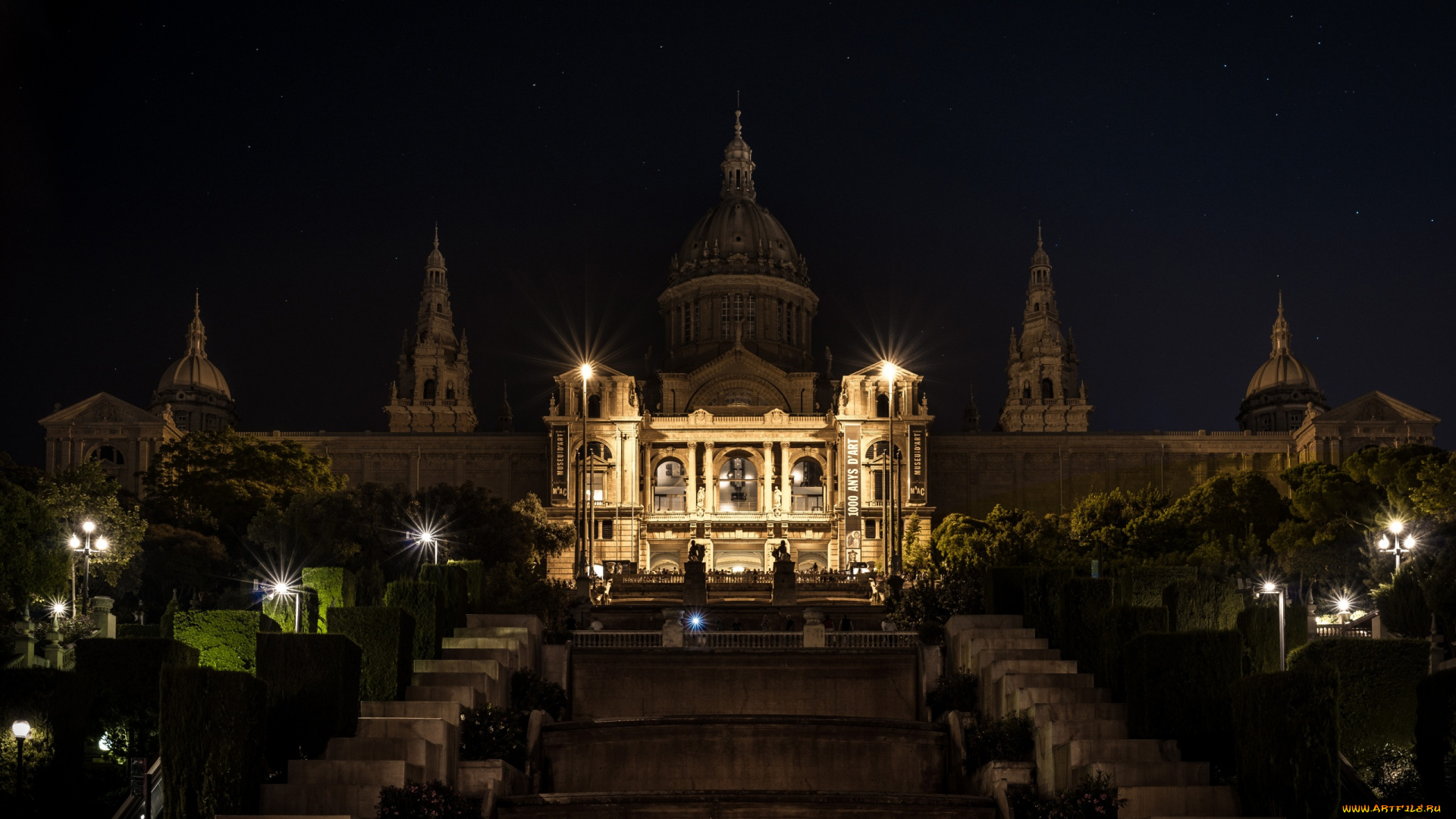города, барселона, , испания, огни, вечер