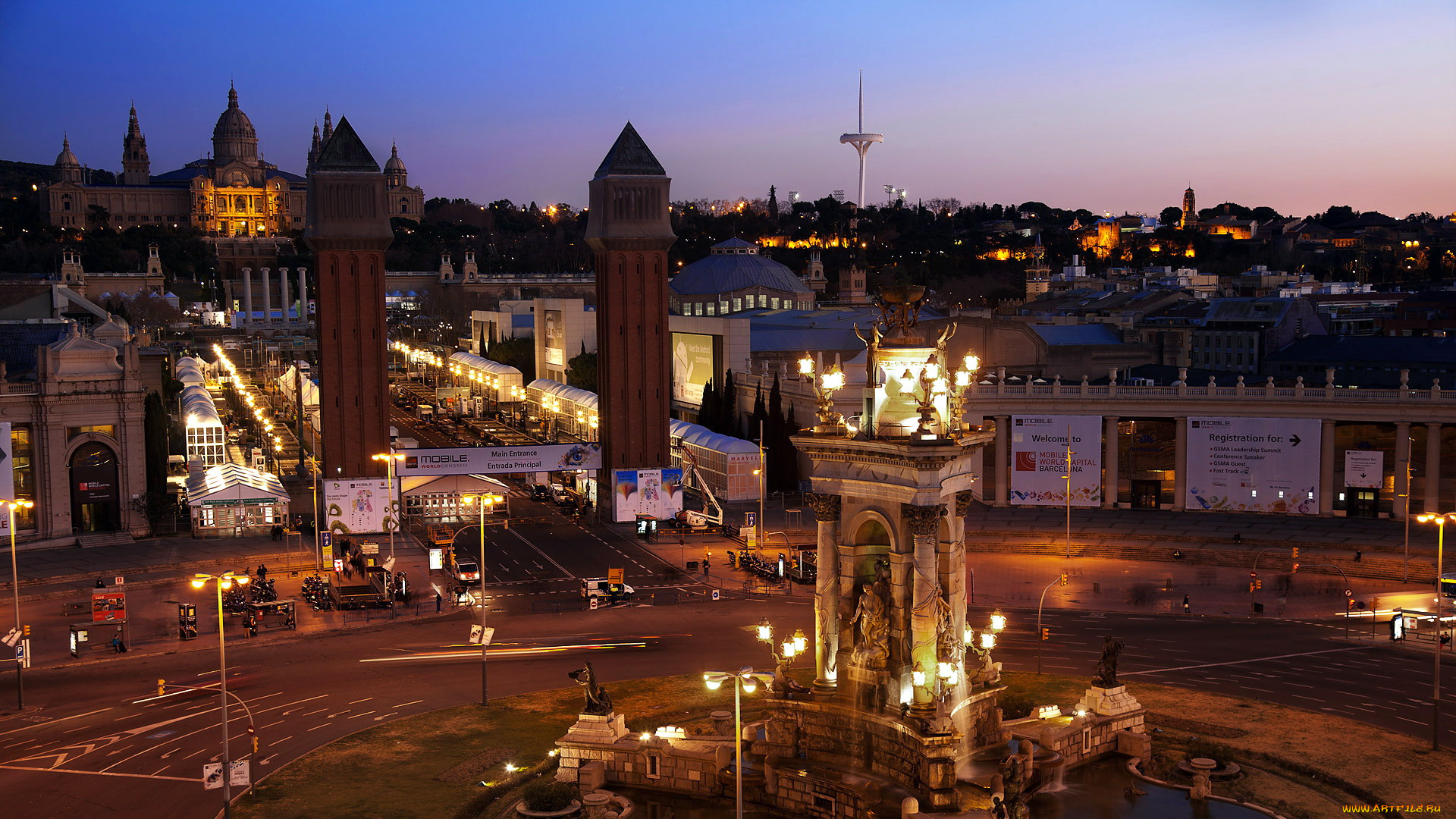города, барселона, , испания, огни, вечер, площадь
