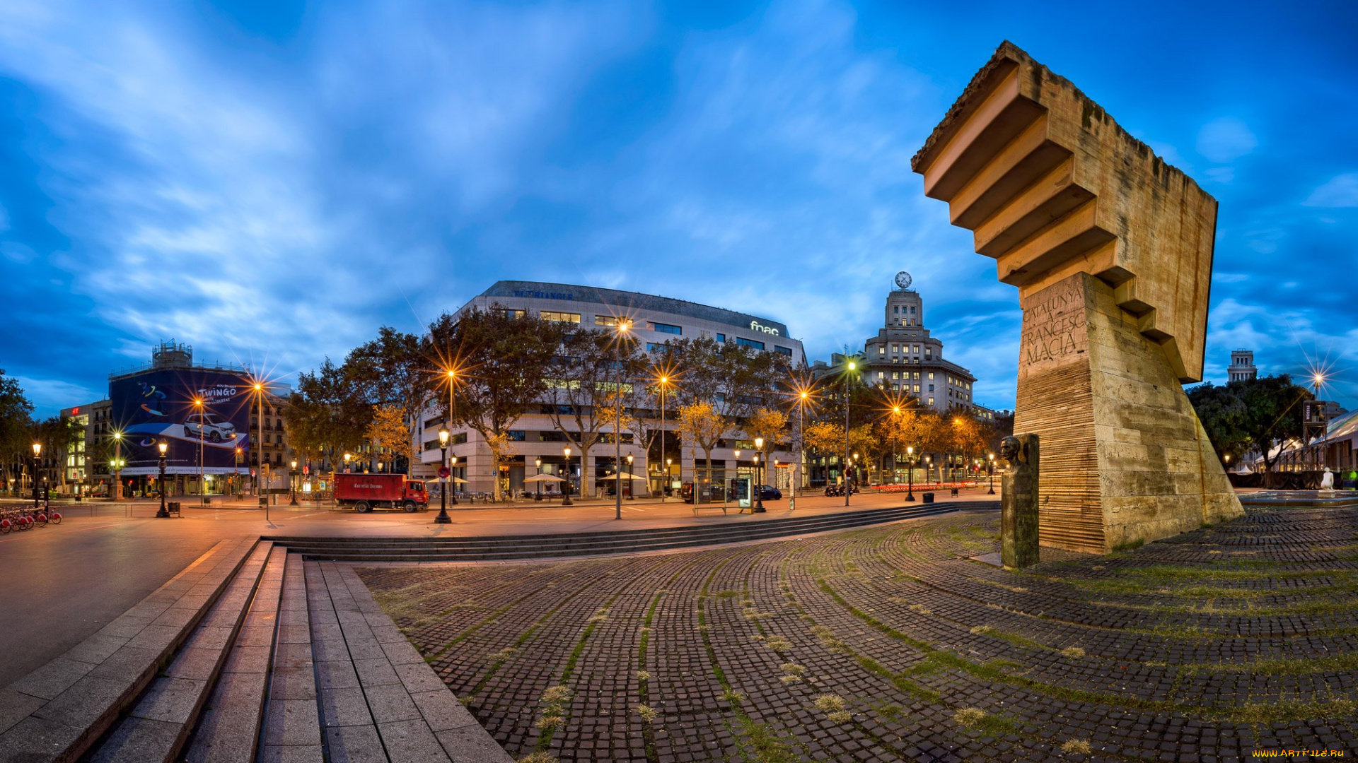 города, барселона, , испания, огни, вечер, площадь