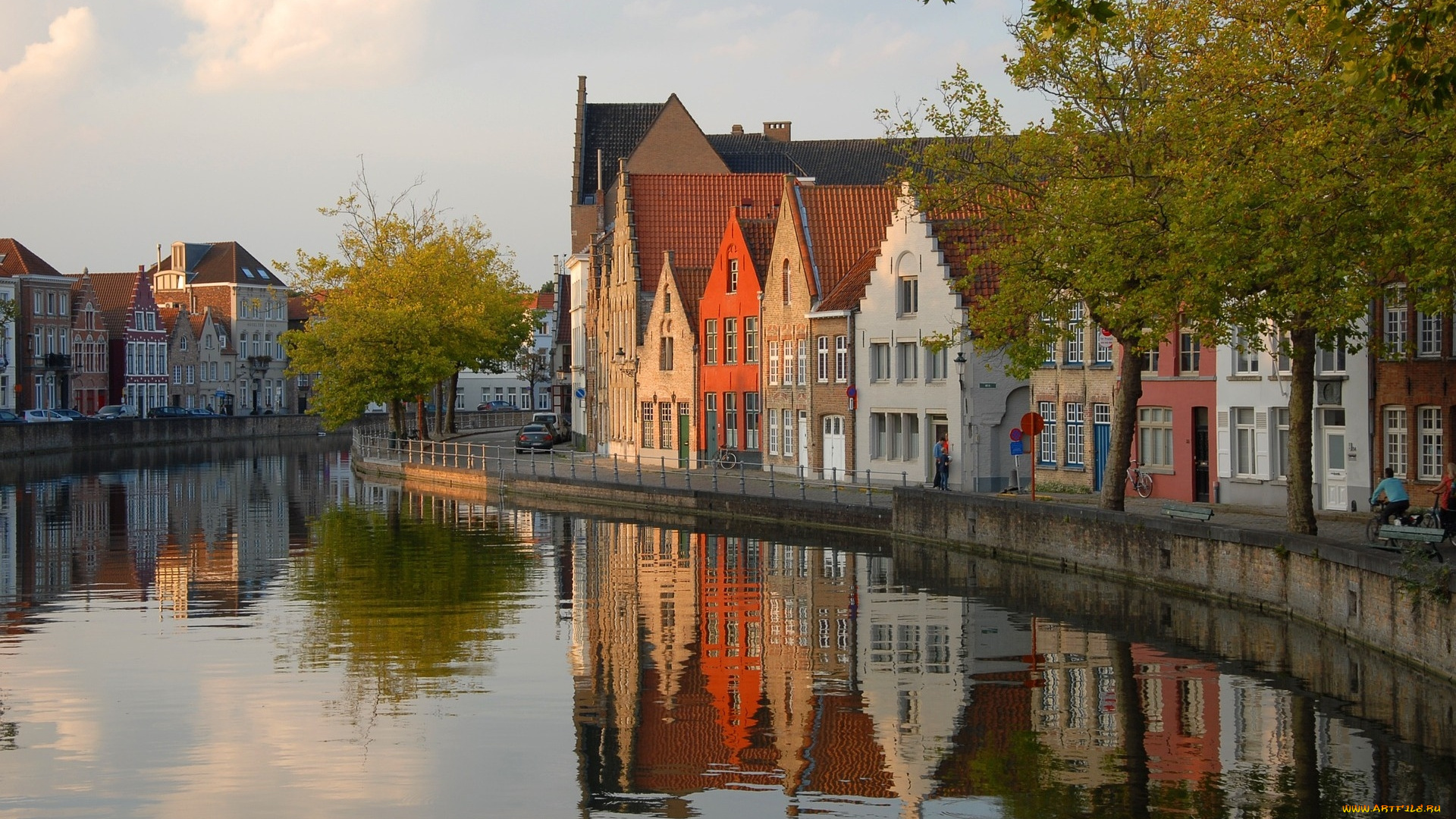 города, брюгге, , бельгия, отражение, дома, канал