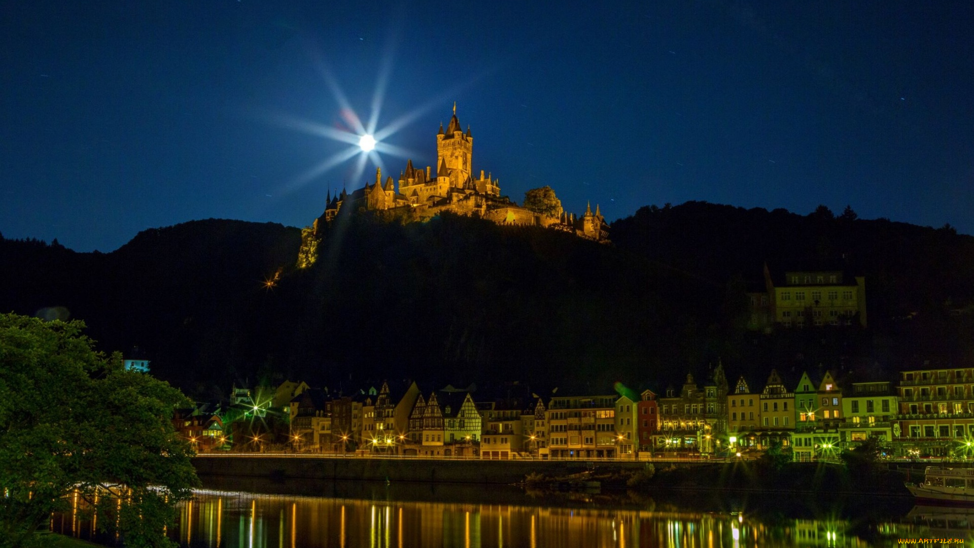 города, кохем, , германия, река, замок, вечер, огни