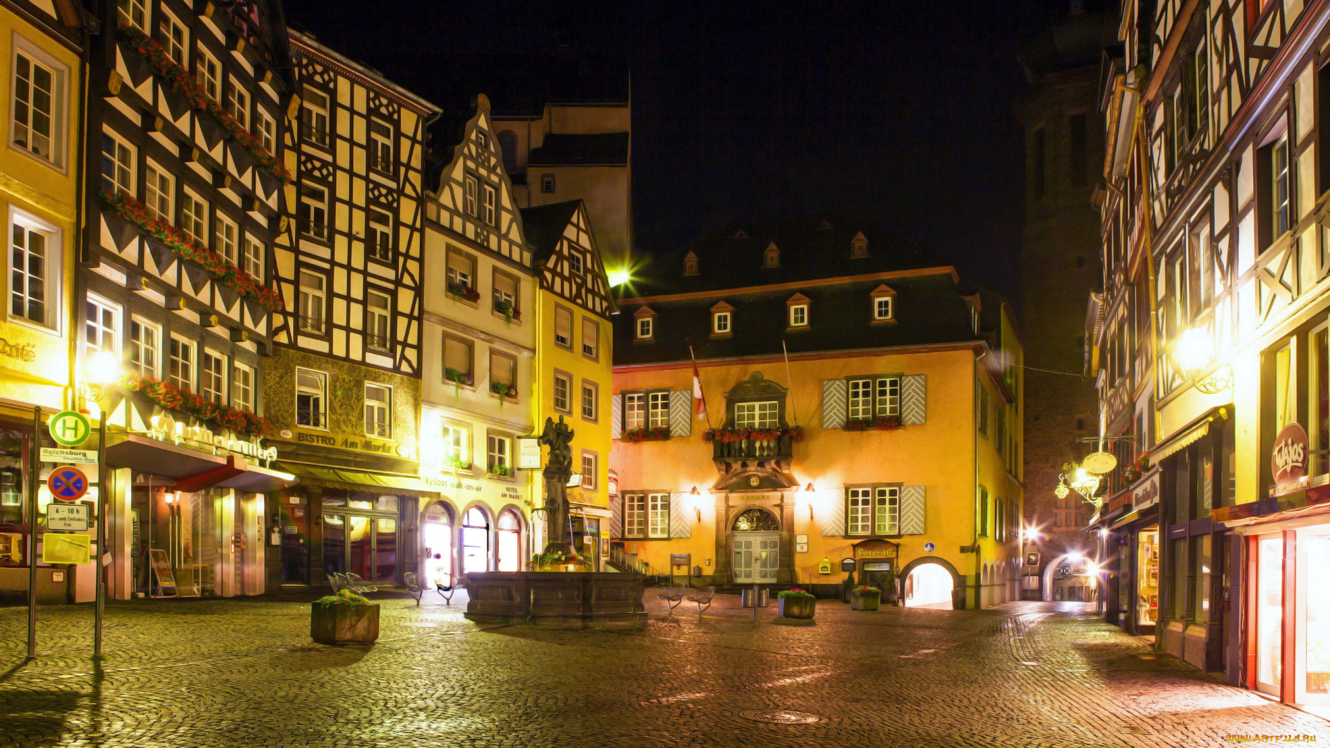 города, кохем, , германия, вечер, огни, улица