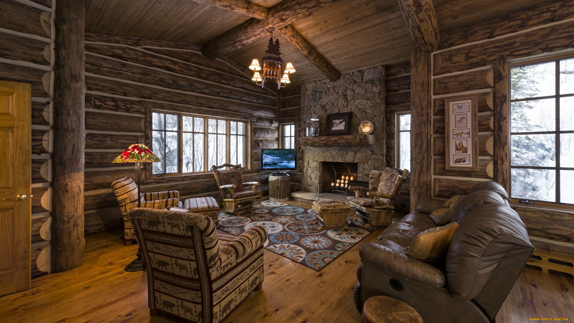 интерьер, гостиная, камин, окна, диван, кресла, зима, изба, телевизор