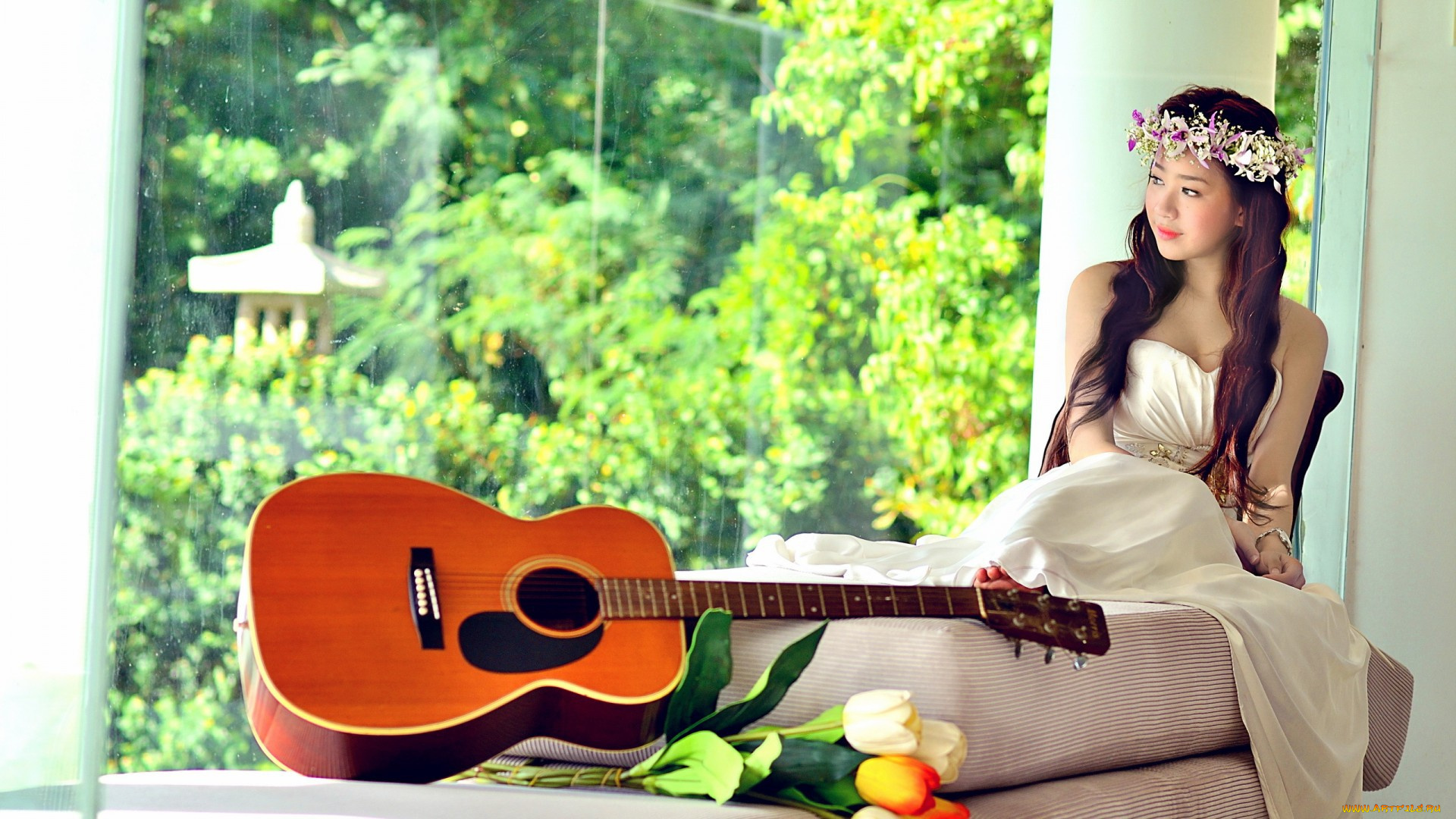музыка, -другое, венок, взгляд, цветы, гитара, девушка