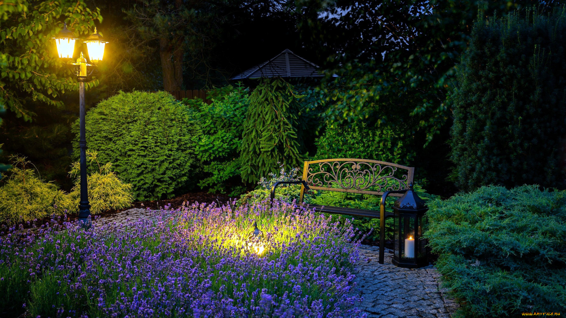природа, парк, скамейка, фонарь, вечер
